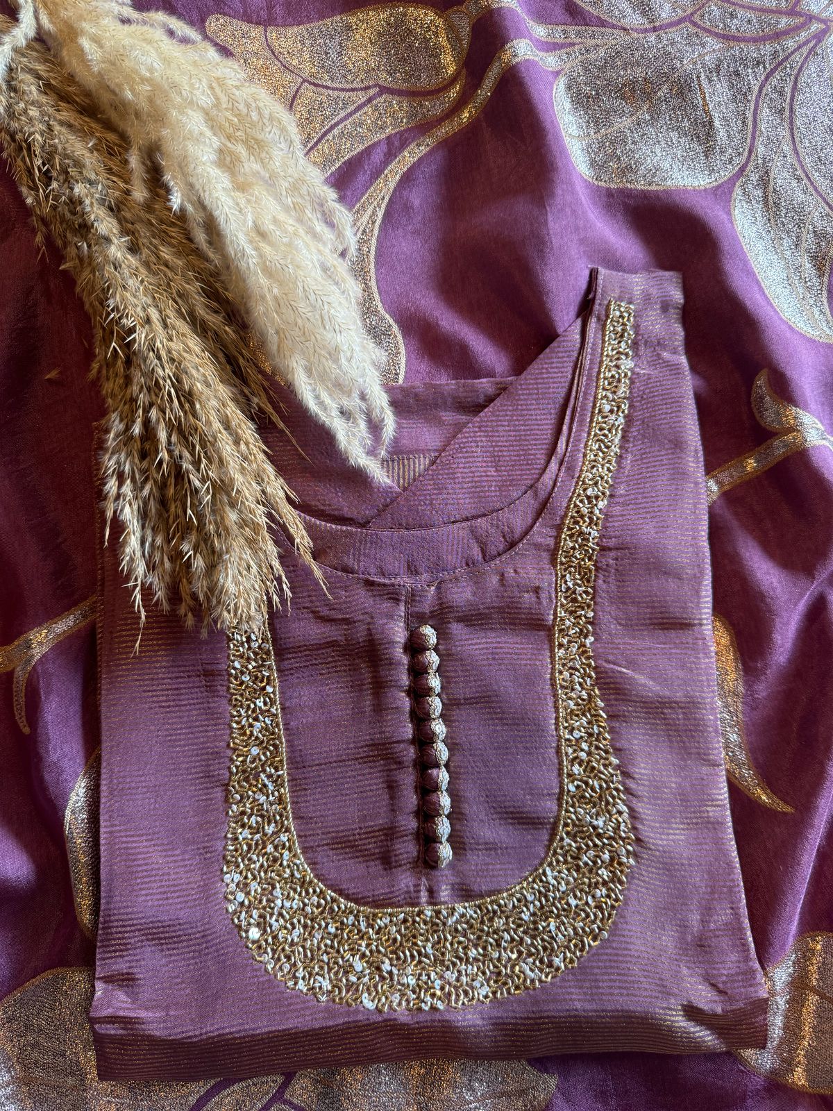 Self Tissue Kurta with Gold lurex Semi stitched shirt