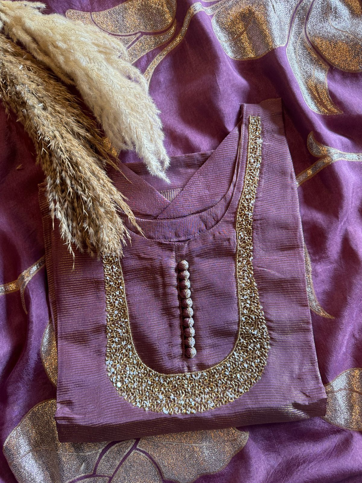 Self Tissue Kurta with Gold lurex Semi stitched shirt