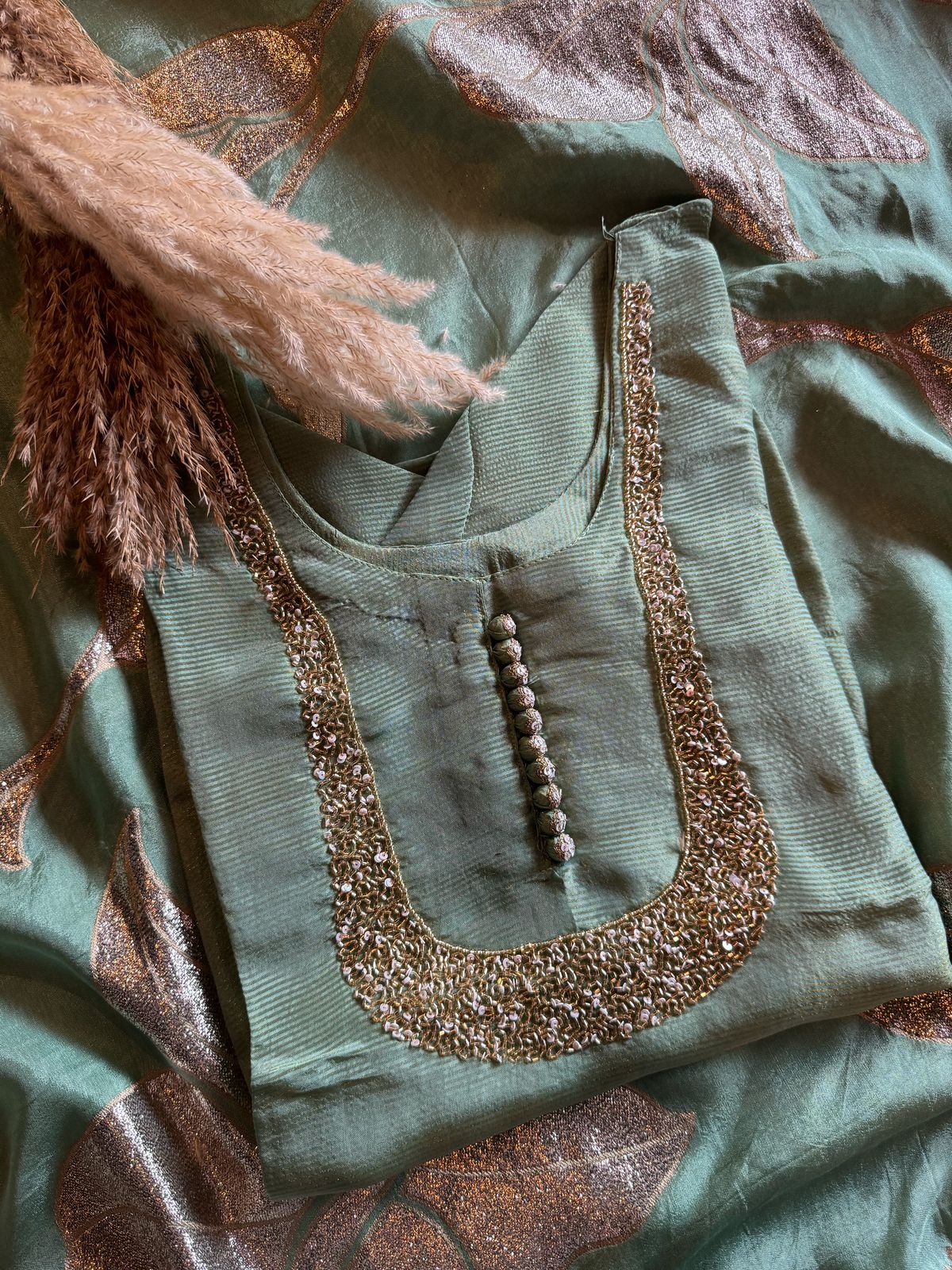 Self Tissue Kurta with Gold lurex Semi stitched shirt