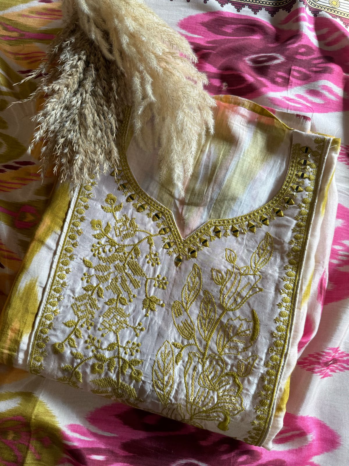 Pure Muslin Multi Coloured Ikkat printed Unstitched Suit