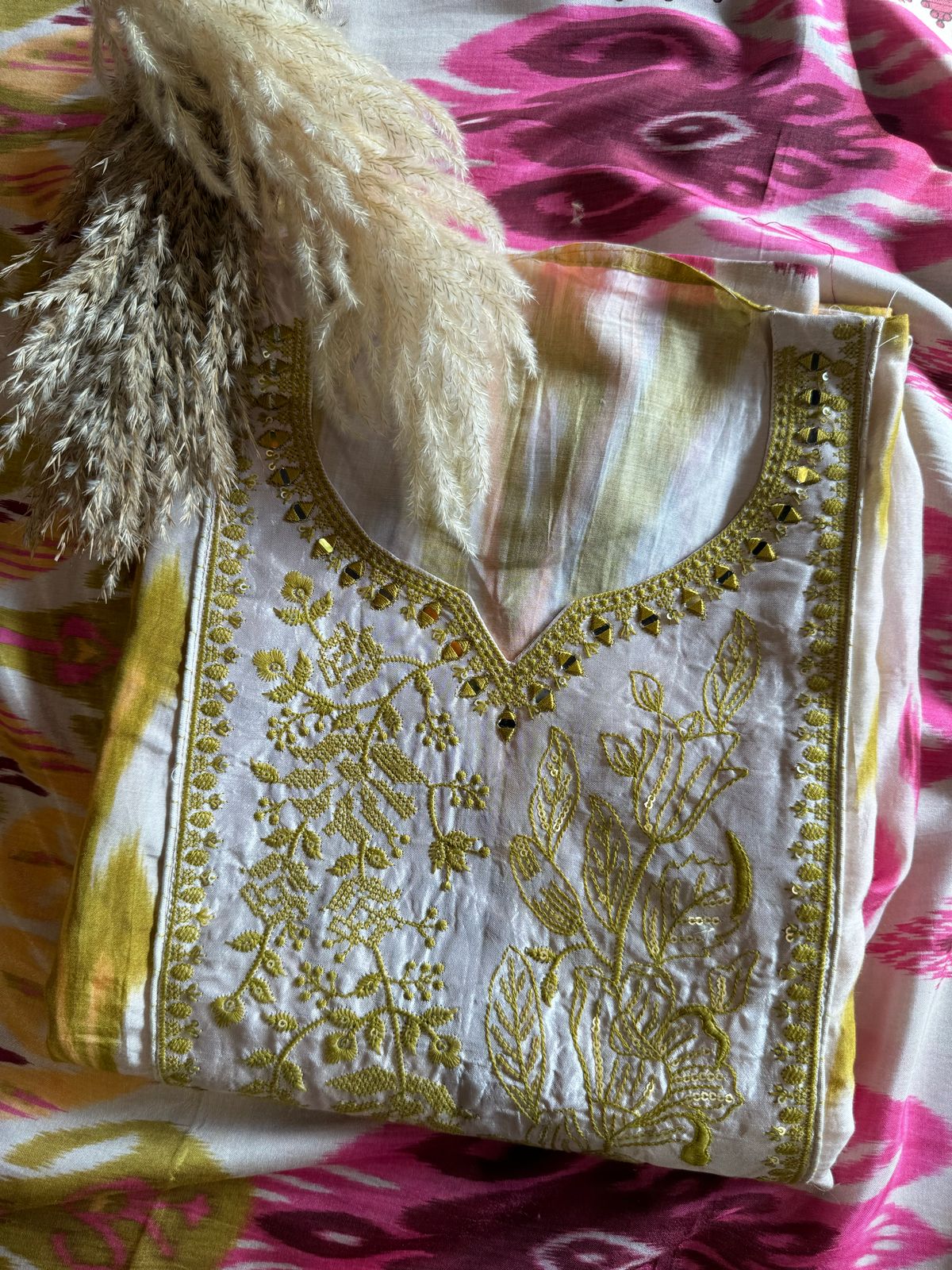 Pure Muslin Multi Coloured Ikkat printed Unstitched Suit