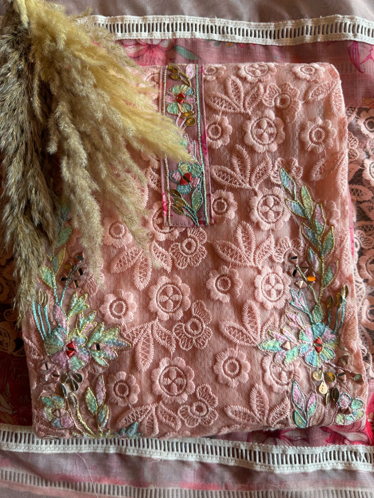 Designer Cotton Crochia embroidered front with Multi coloured