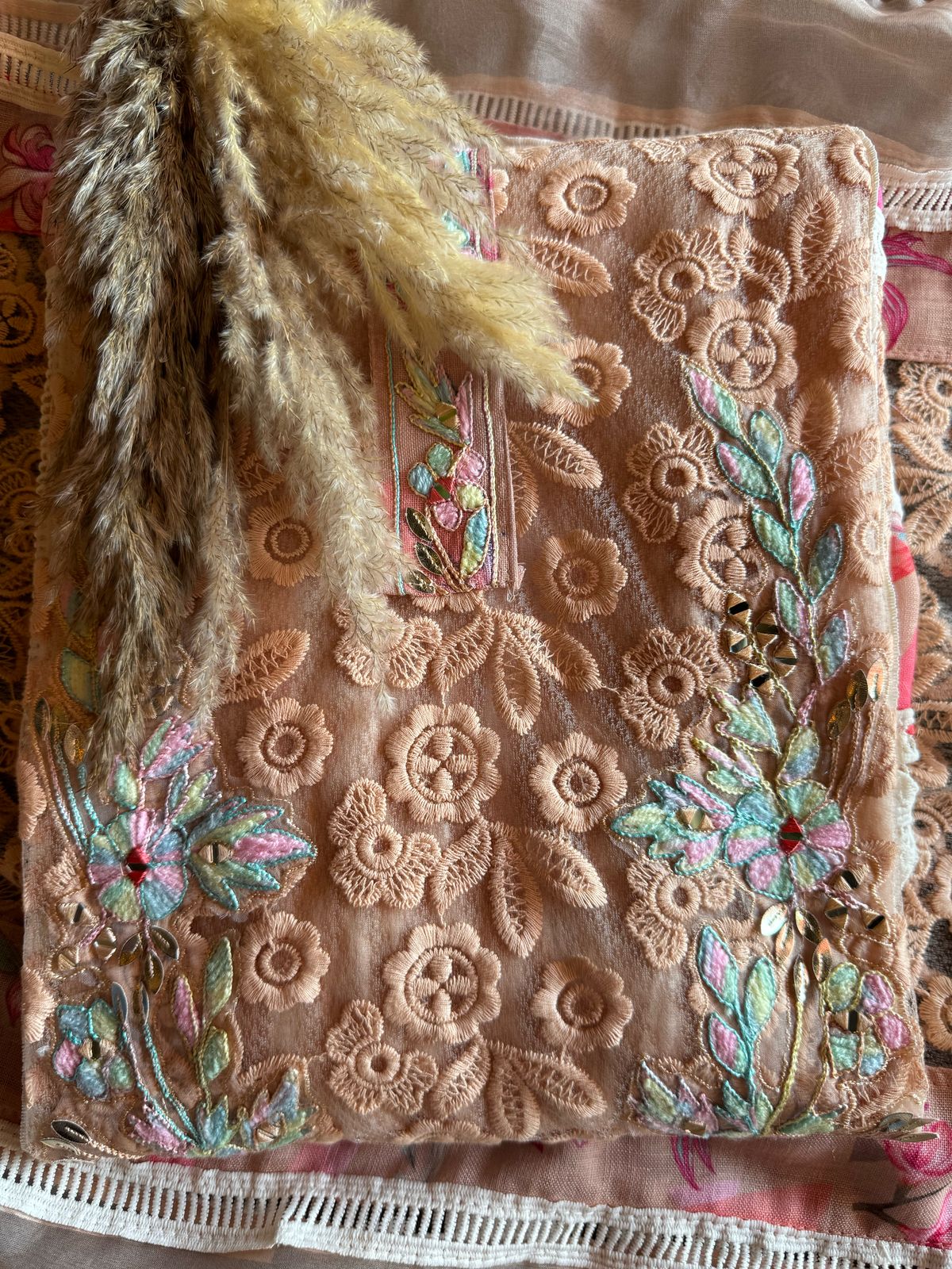 Designer Cotton Crochia embroidered front with Multi coloured