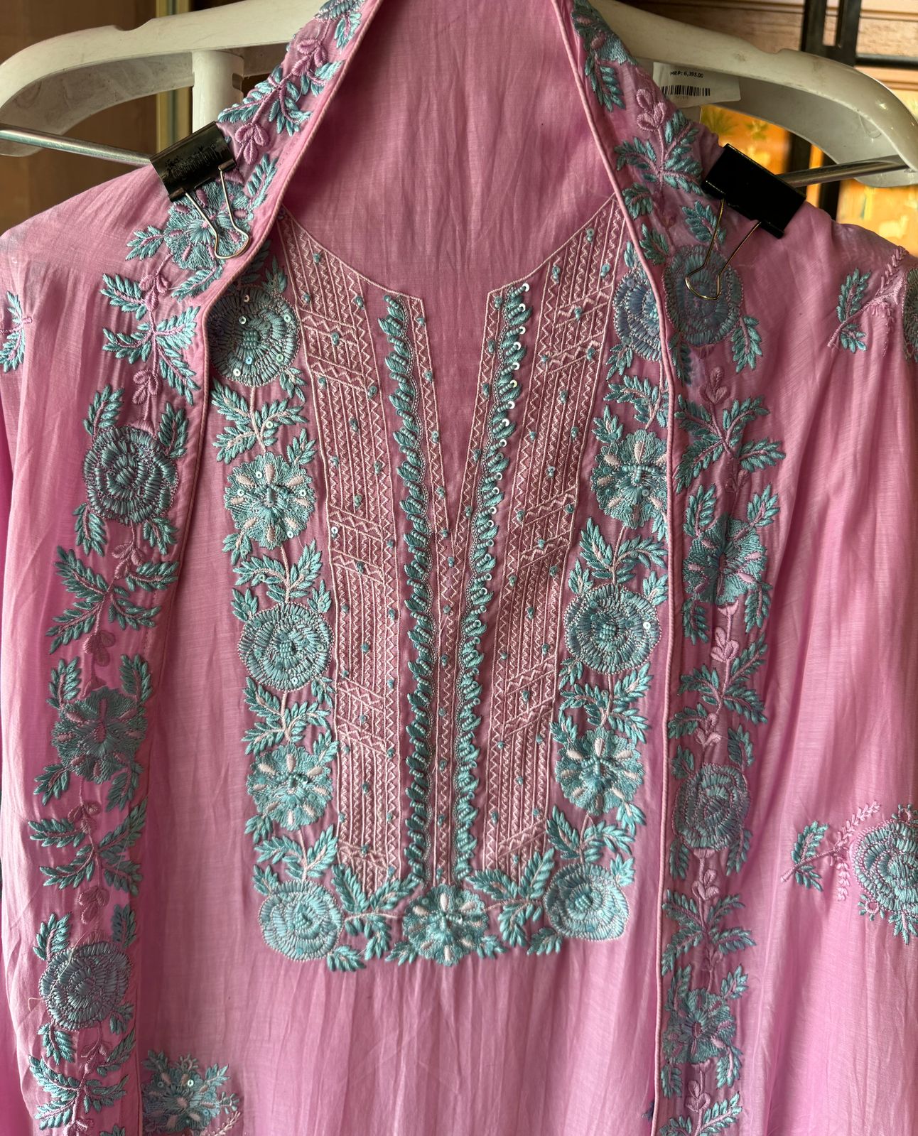 Mul cotton Unstitched Kurta with contrast embroidery