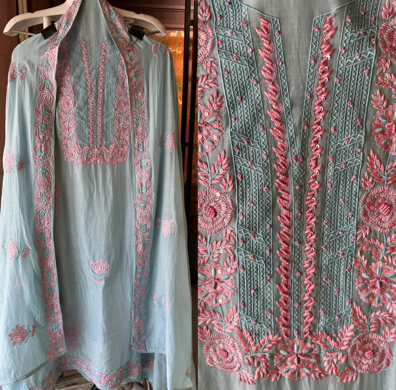 Mul cotton Unstitched Kurta with contrast embroidery