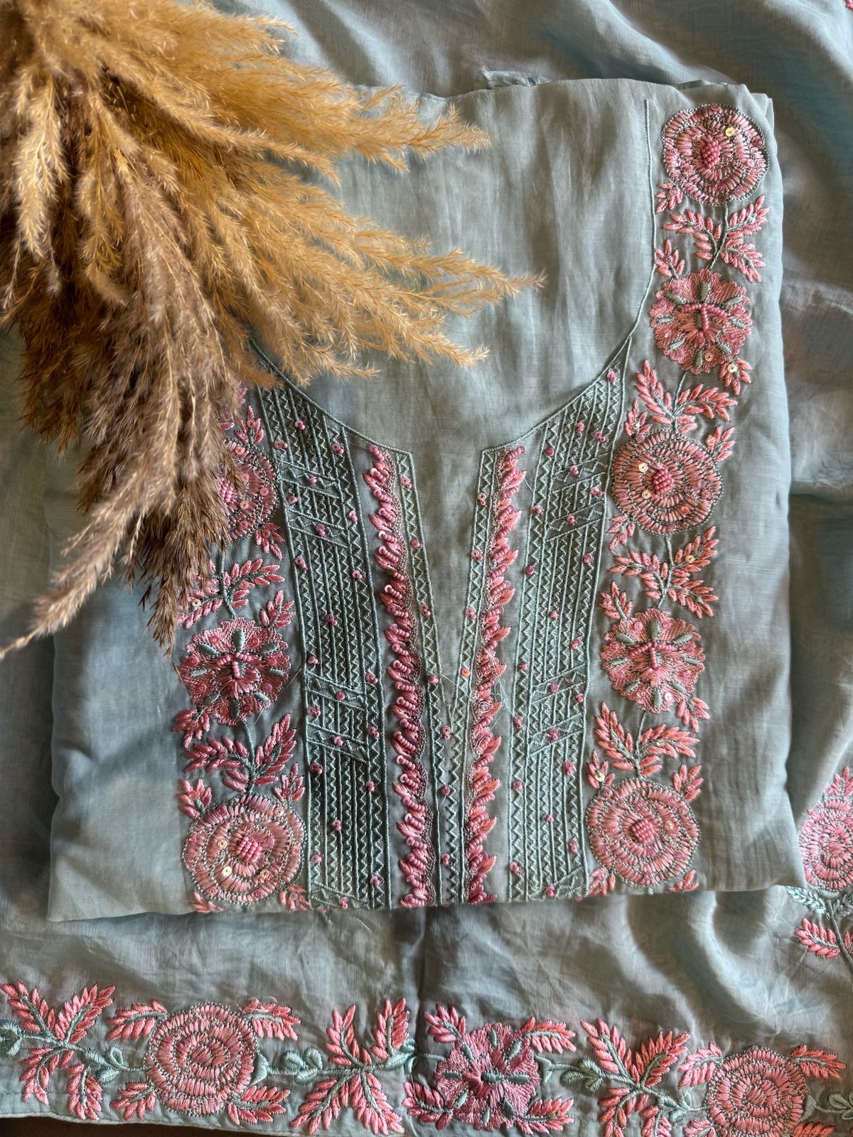 Mul cotton Unstitched Kurta with contrast embroidery