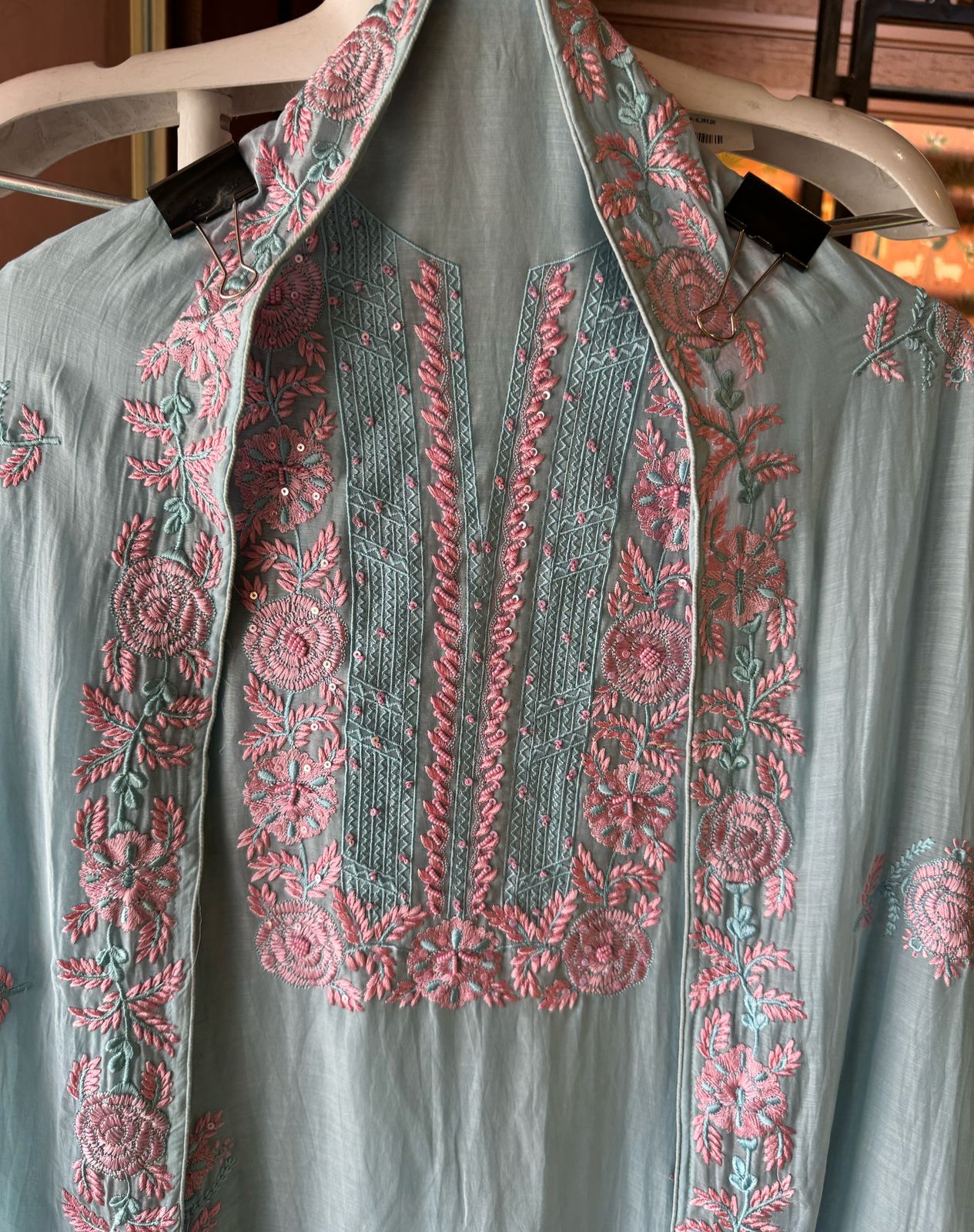 Mul cotton Unstitched Kurta with contrast embroidery