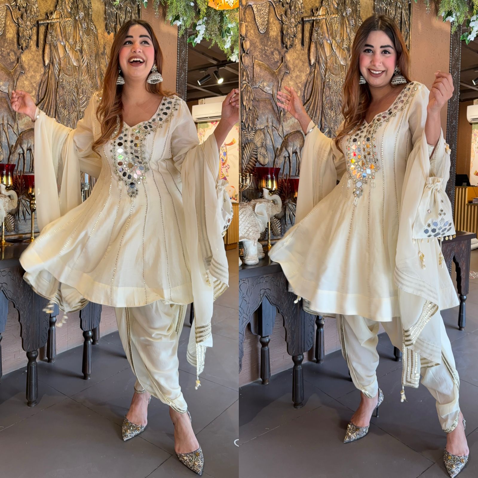 Mul cotton chanderi Anarkali With very gorgeous mirror