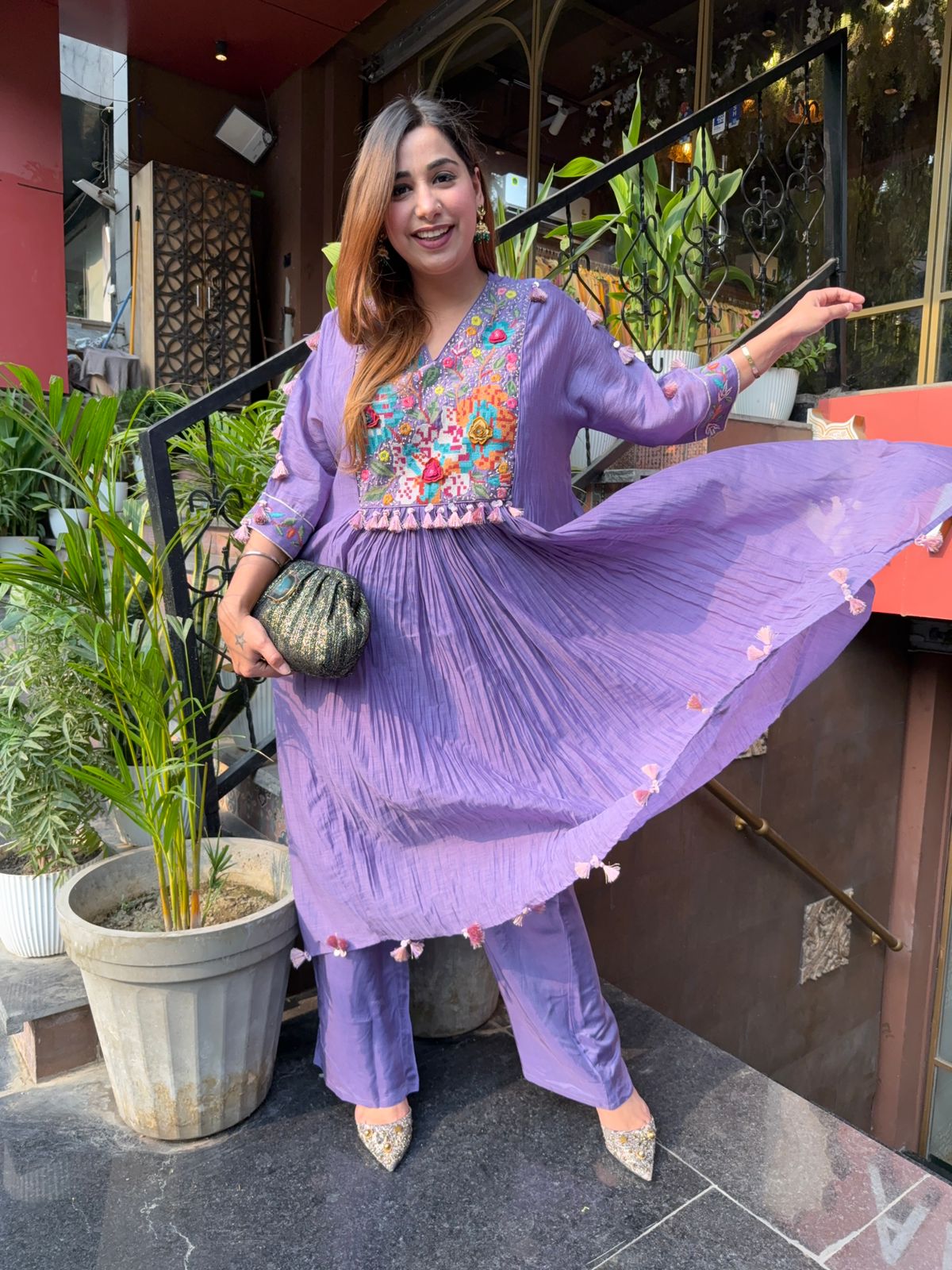 Pure Mul chanderi Pleated designer suit