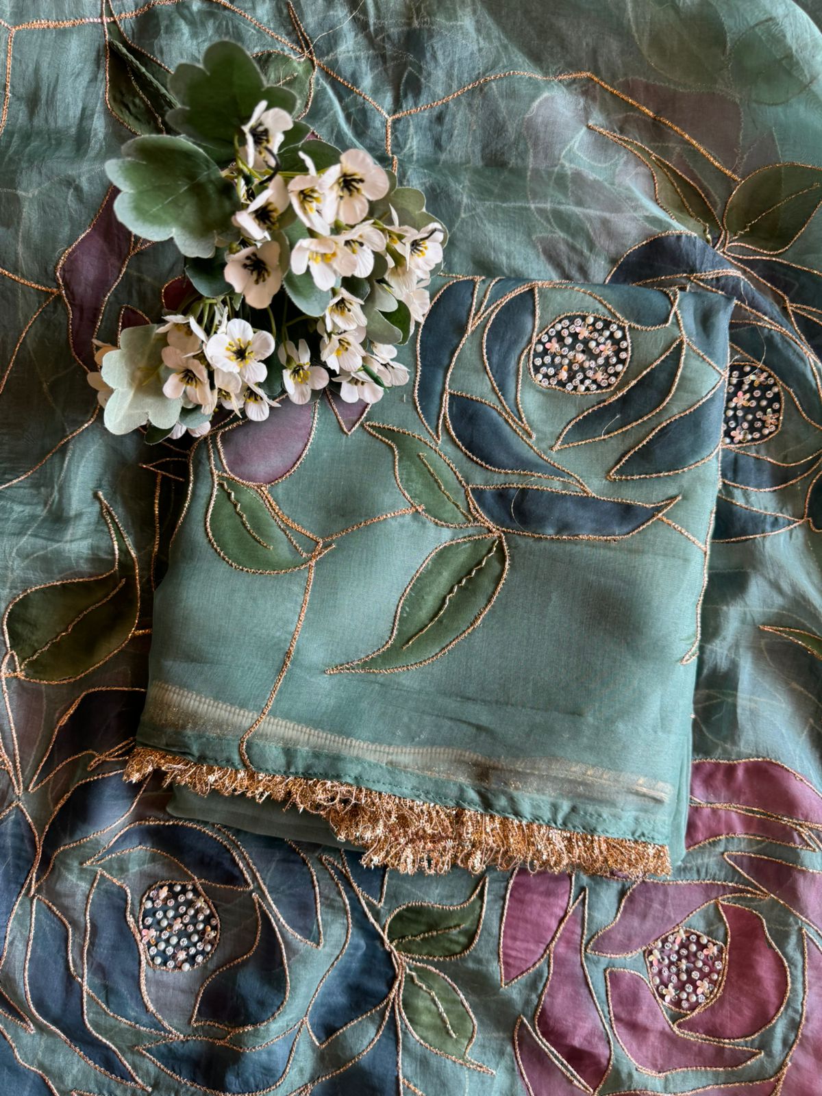 Pure organza Unstitched Suits with Handpainted concept and gotta kinari laces