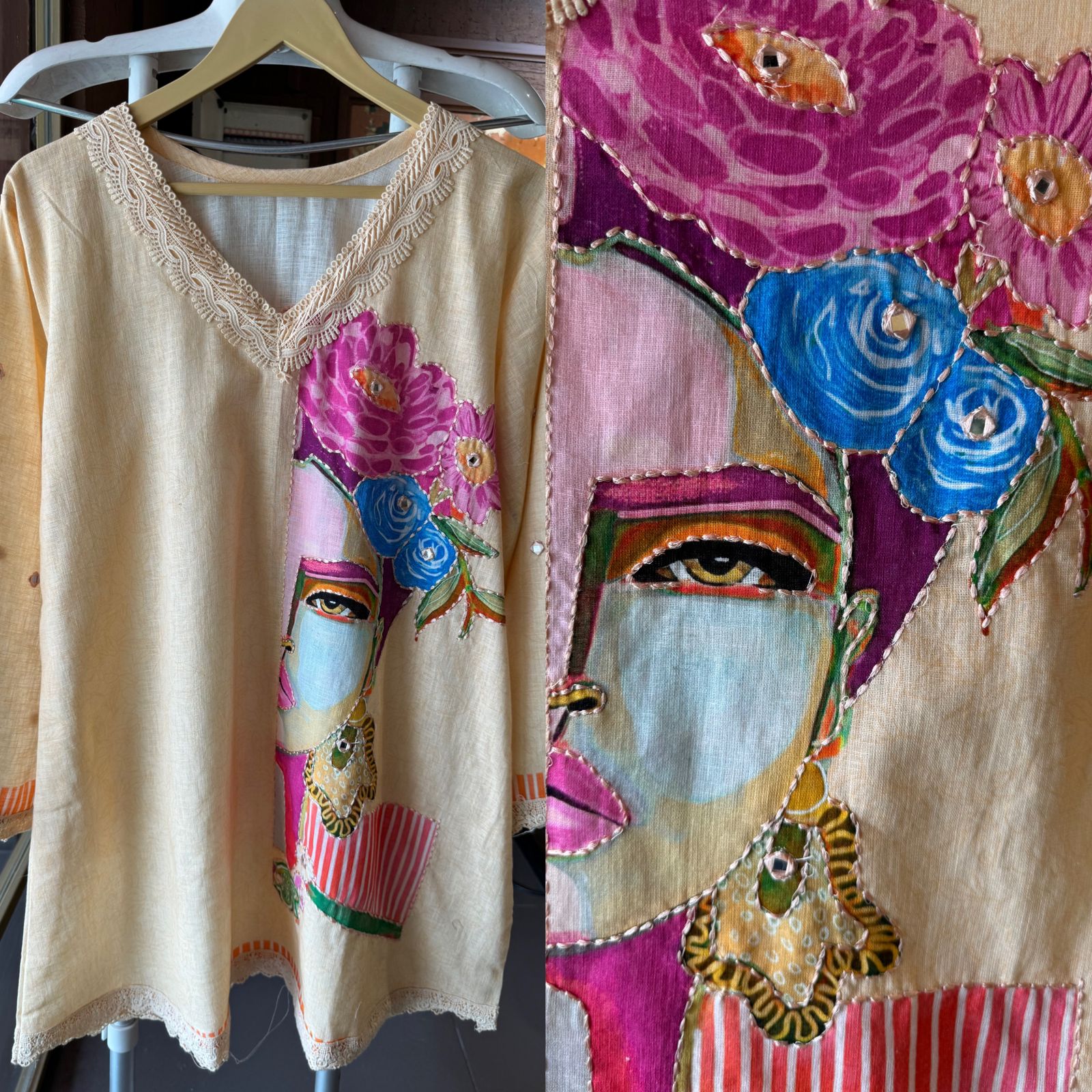 Pure 100% linen coord set with Crochia lace details on the neck