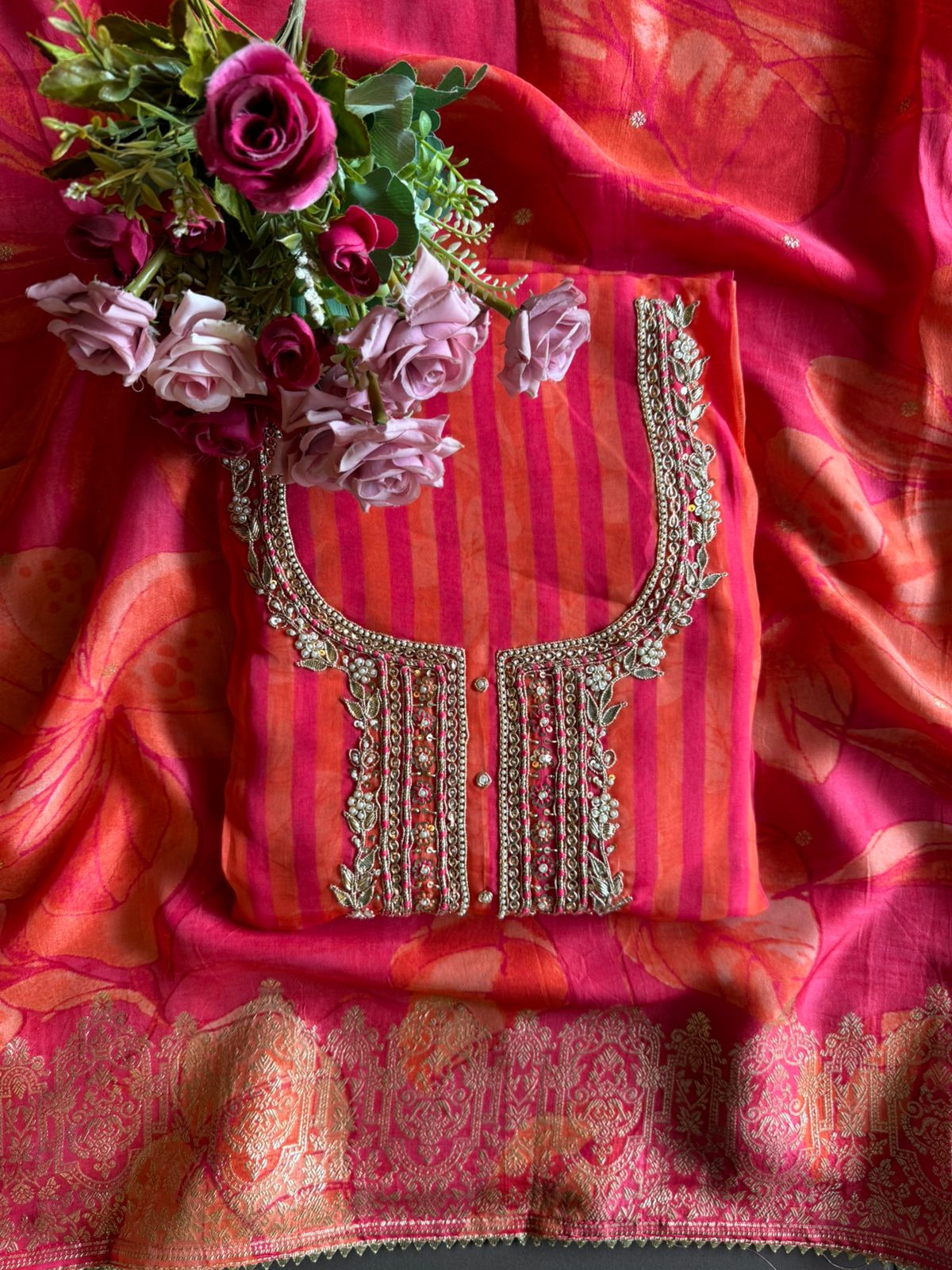 Stripe Soft organza Unstitched Shirt