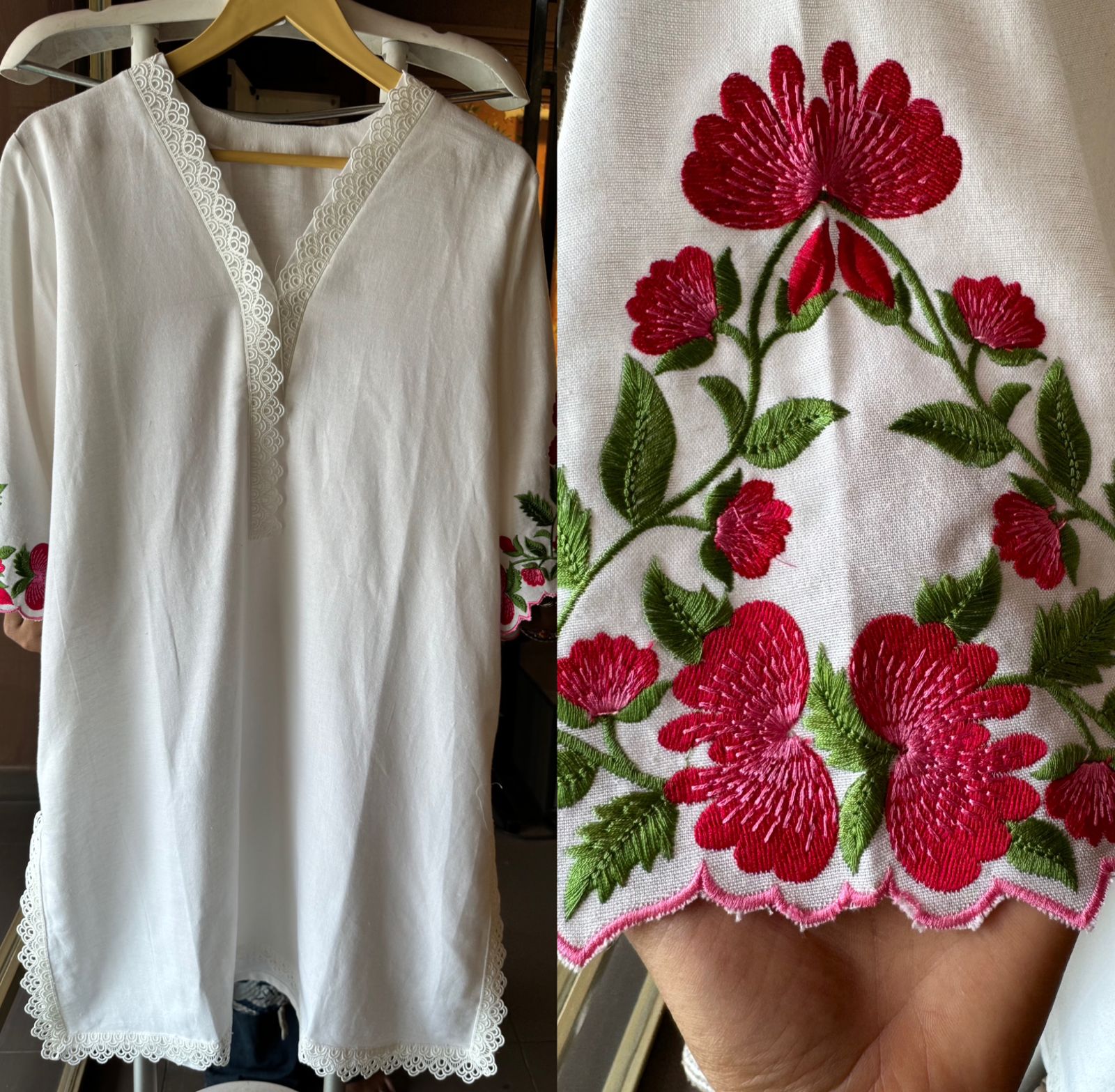 Pure cotton linen stitched tunic with lace