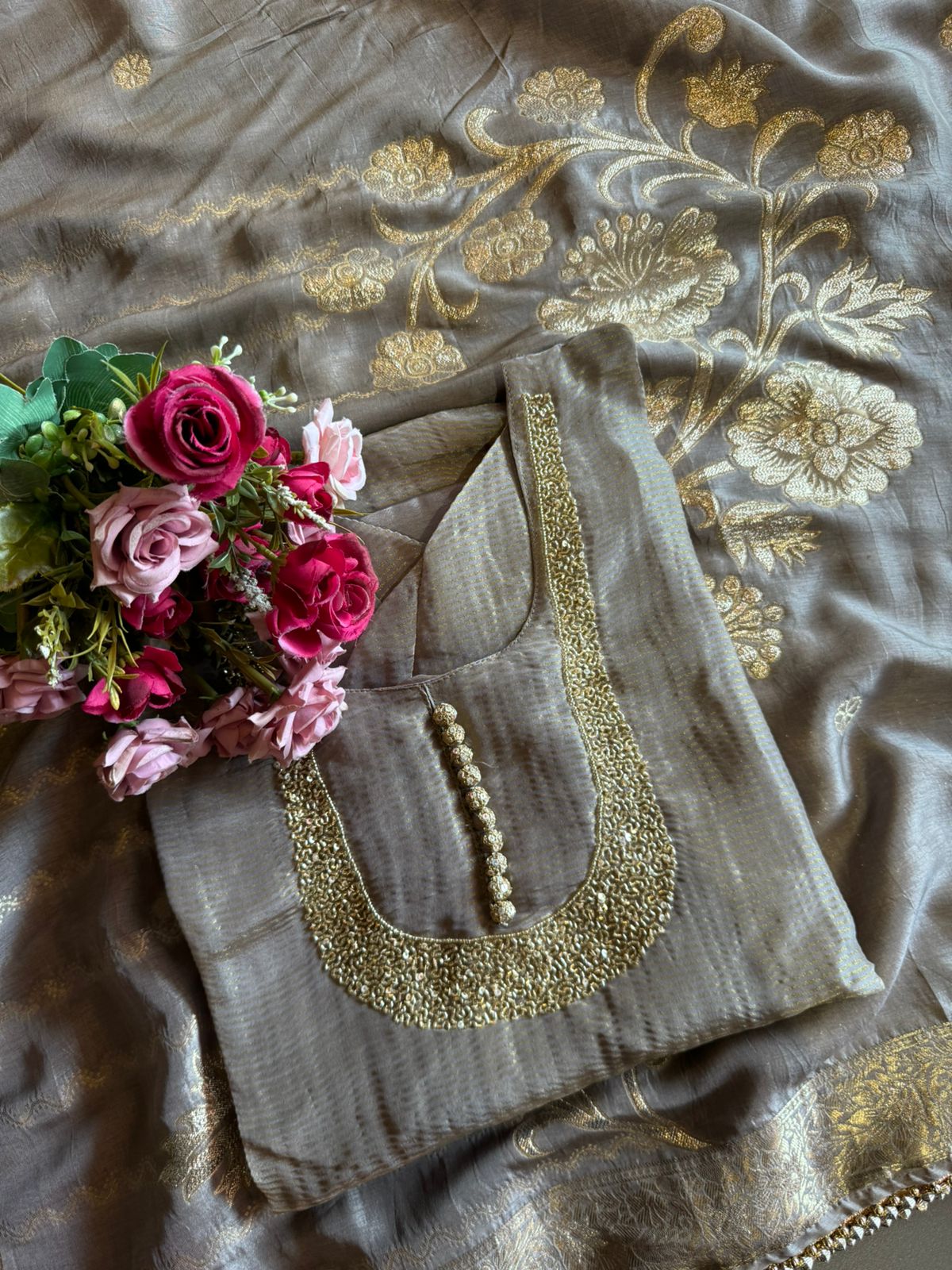 Self Tissue Kurta with Gold lurex Semi stitched shirt