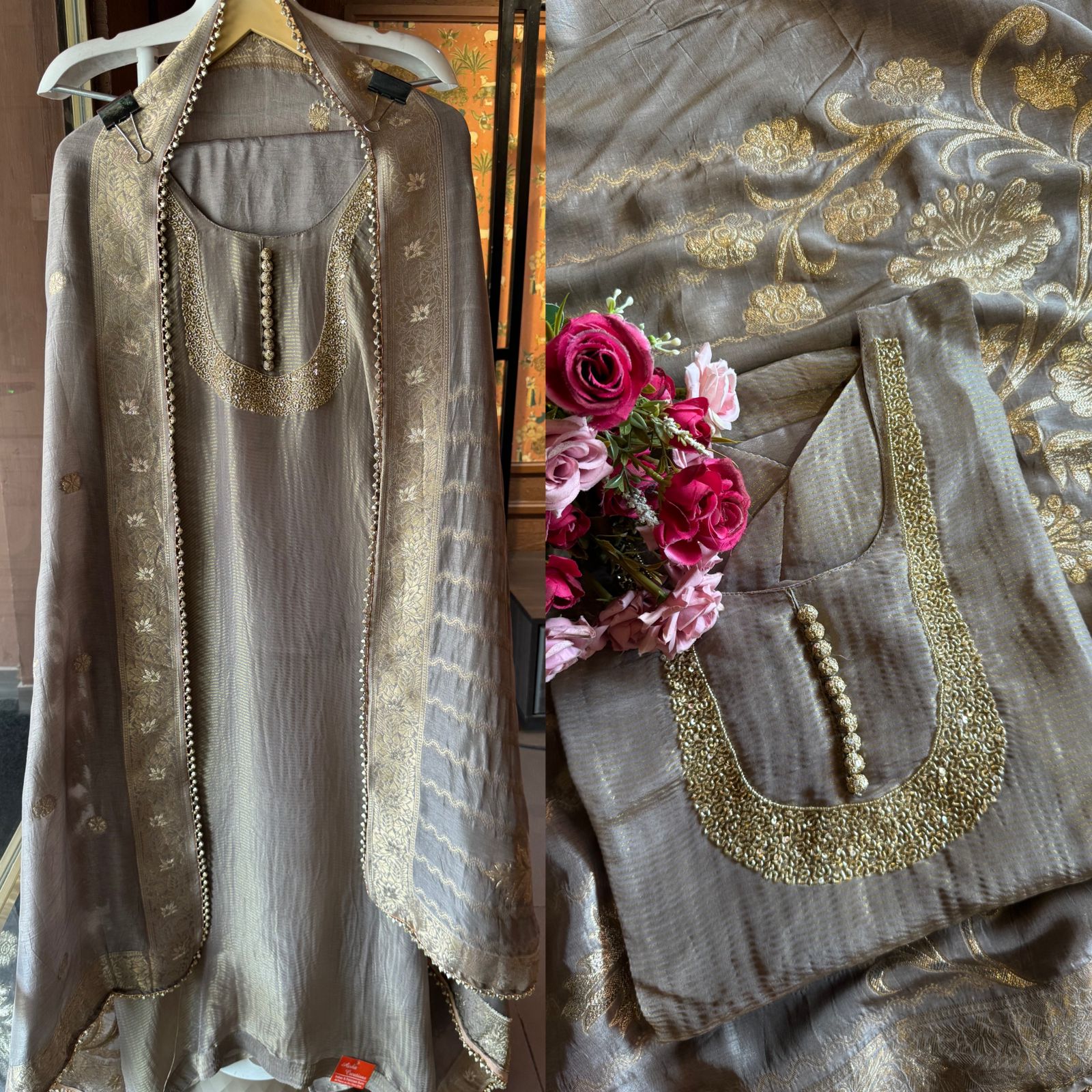 Self Tissue Kurta with Gold lurex Semi stitched shirt