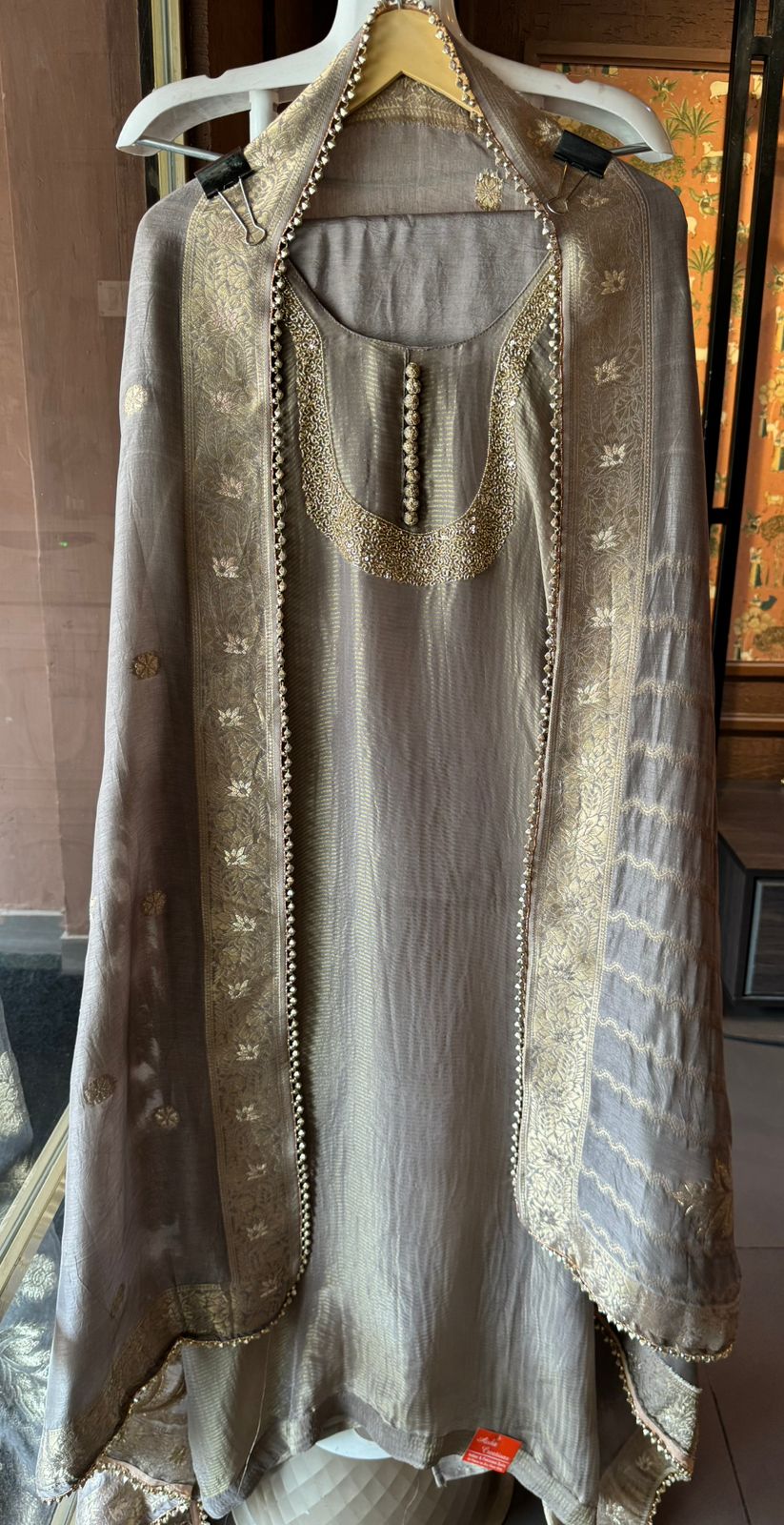 Self Tissue Kurta with Gold lurex Semi stitched shirt