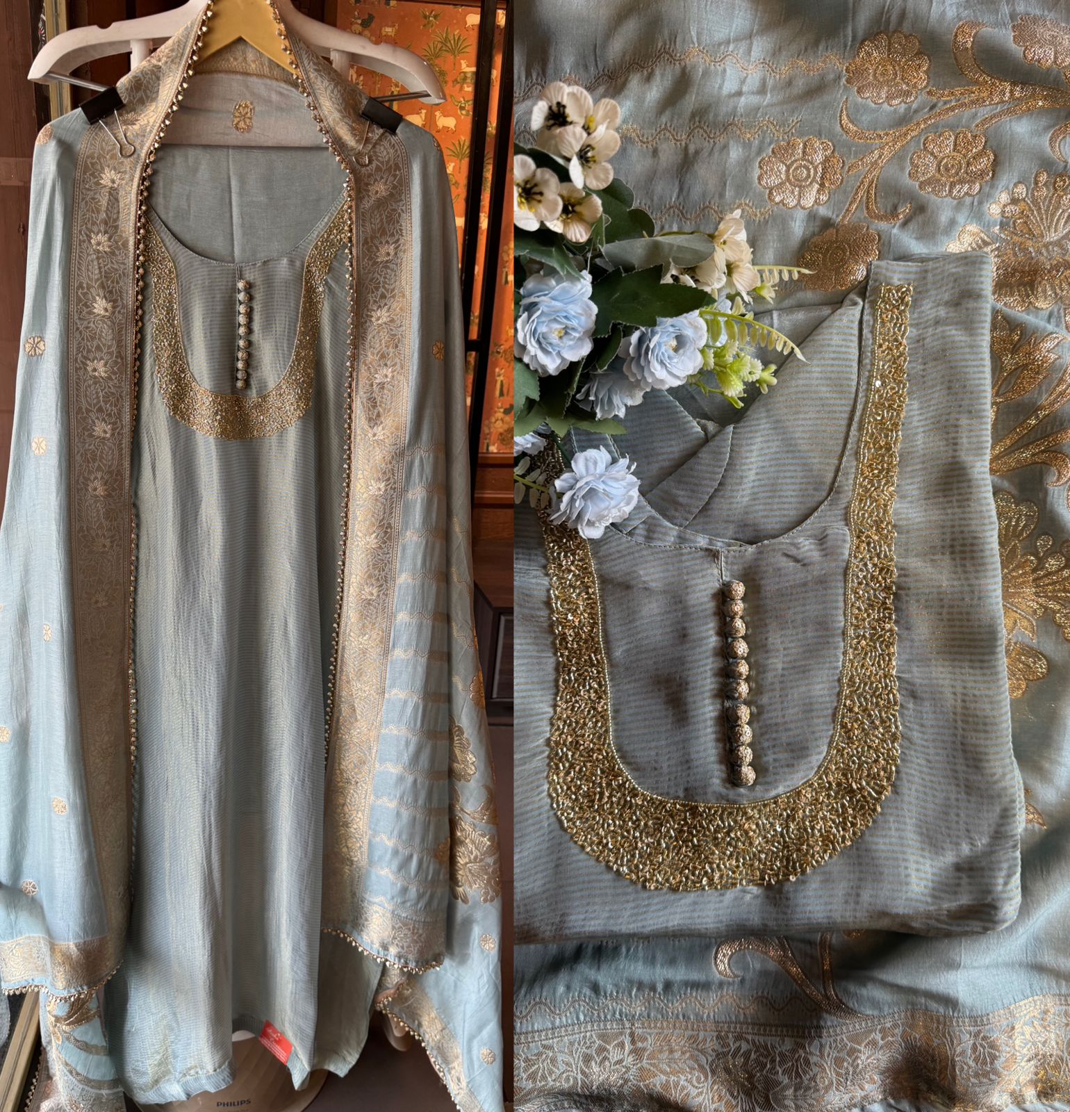 Self Tissue Kurta with Gold lurex Semi stitched shirt