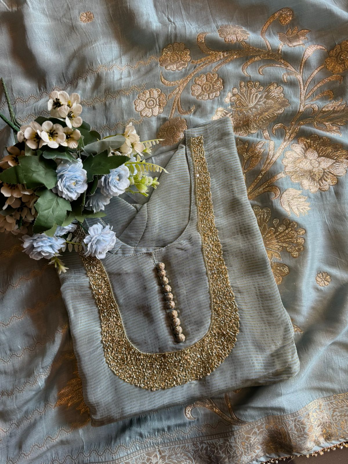 Self Tissue Kurta with Gold lurex Semi stitched shirt