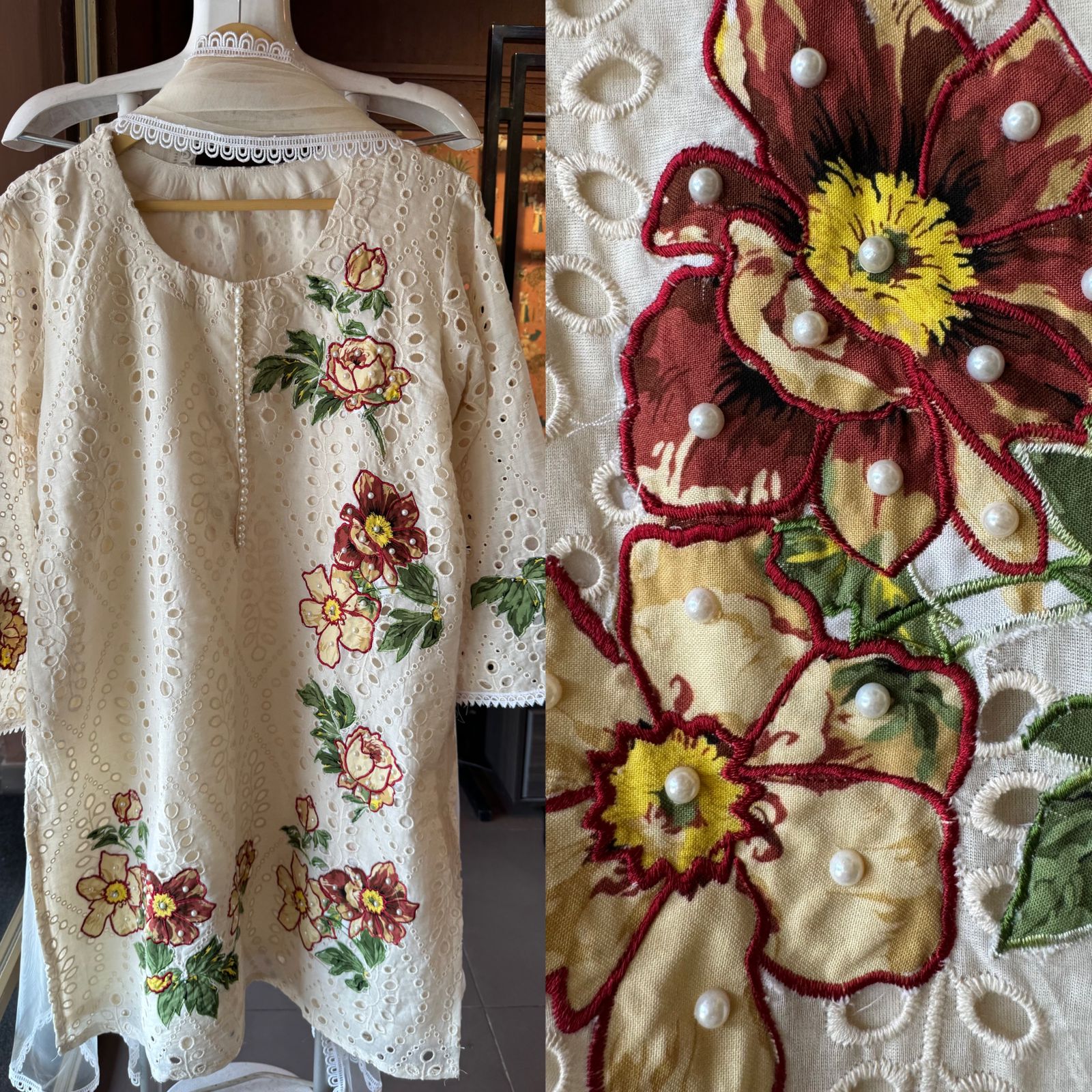 Pure Cotton chicken Stitched Kurta With Silk fabric