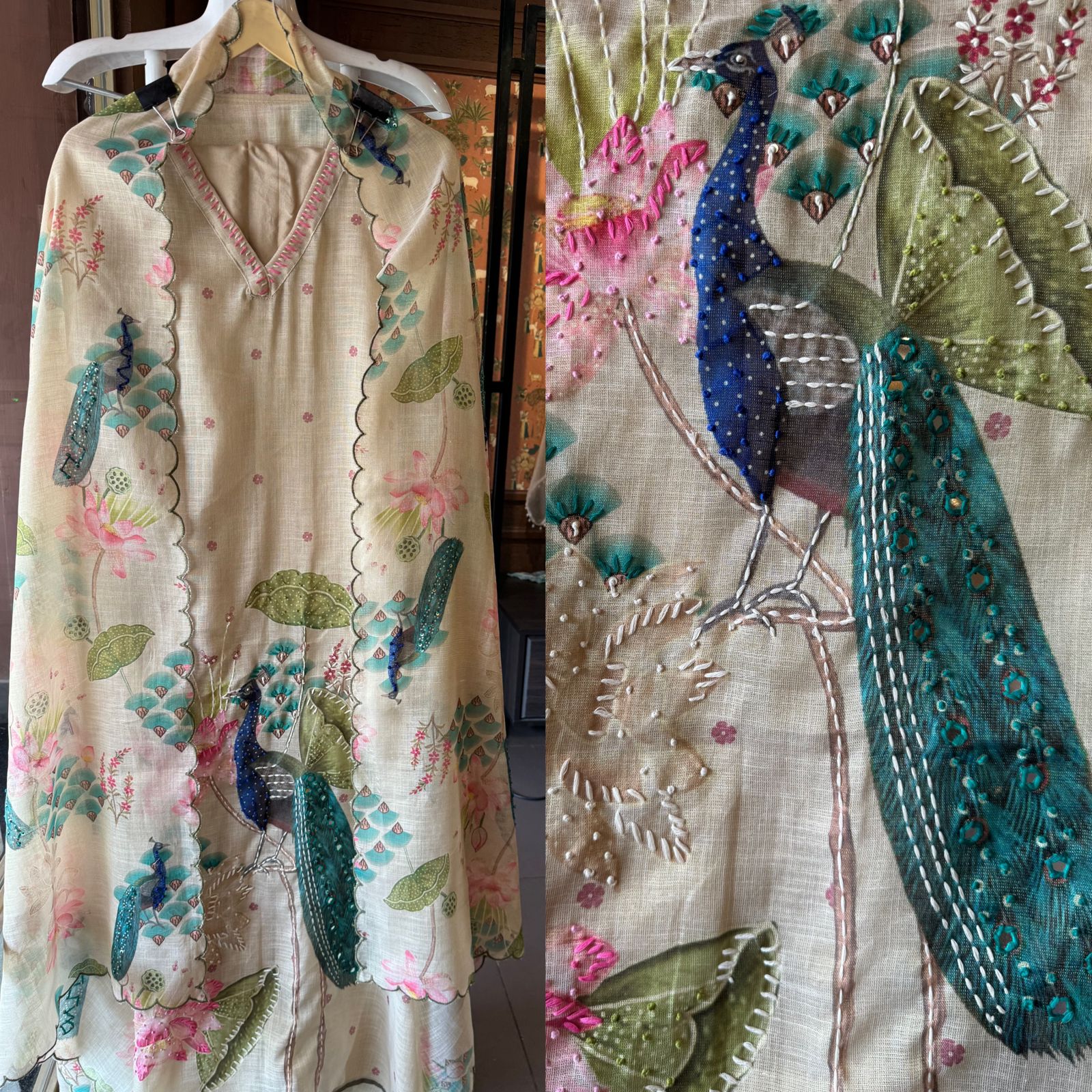 Shimmer Linen Unstitched Shirt design with V neckline