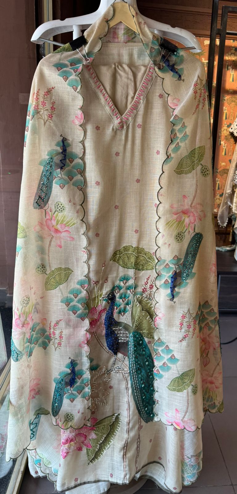 Shimmer Linen Unstitched Shirt design with V neckline