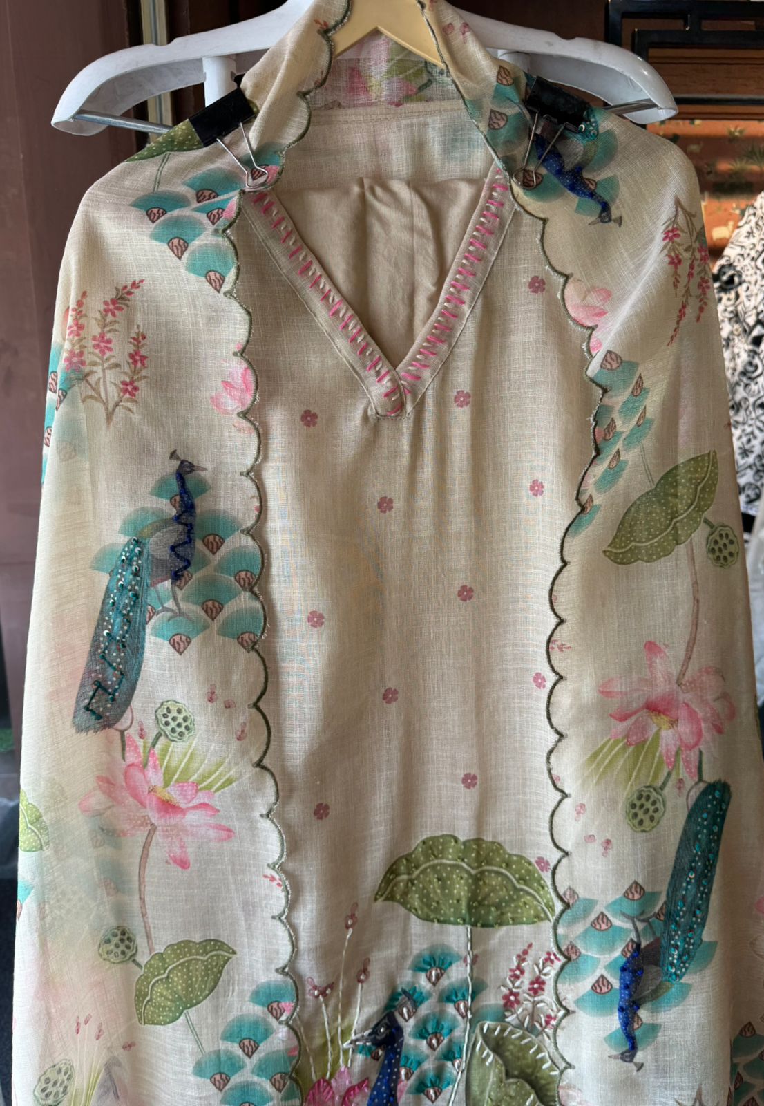 Shimmer Linen Unstitched Shirt design with V neckline