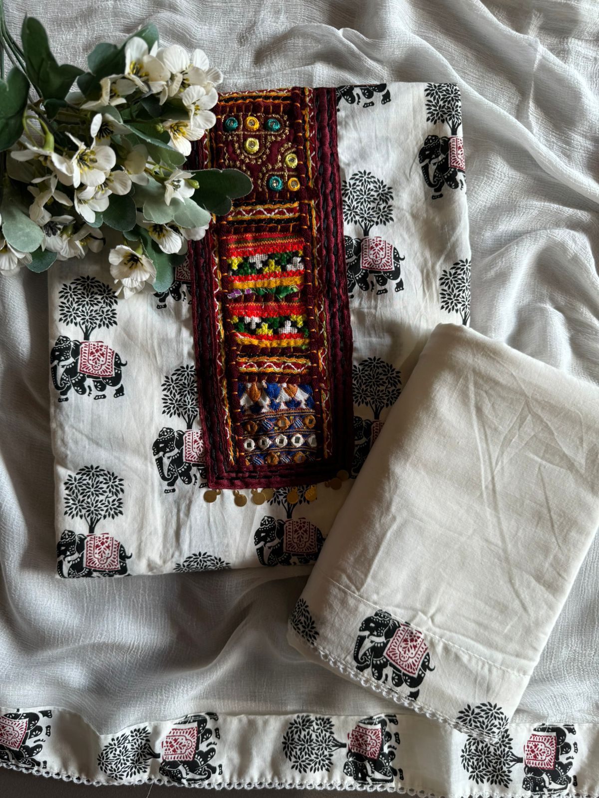 Beautiful Cotton Unstitched Suit With Block printing done