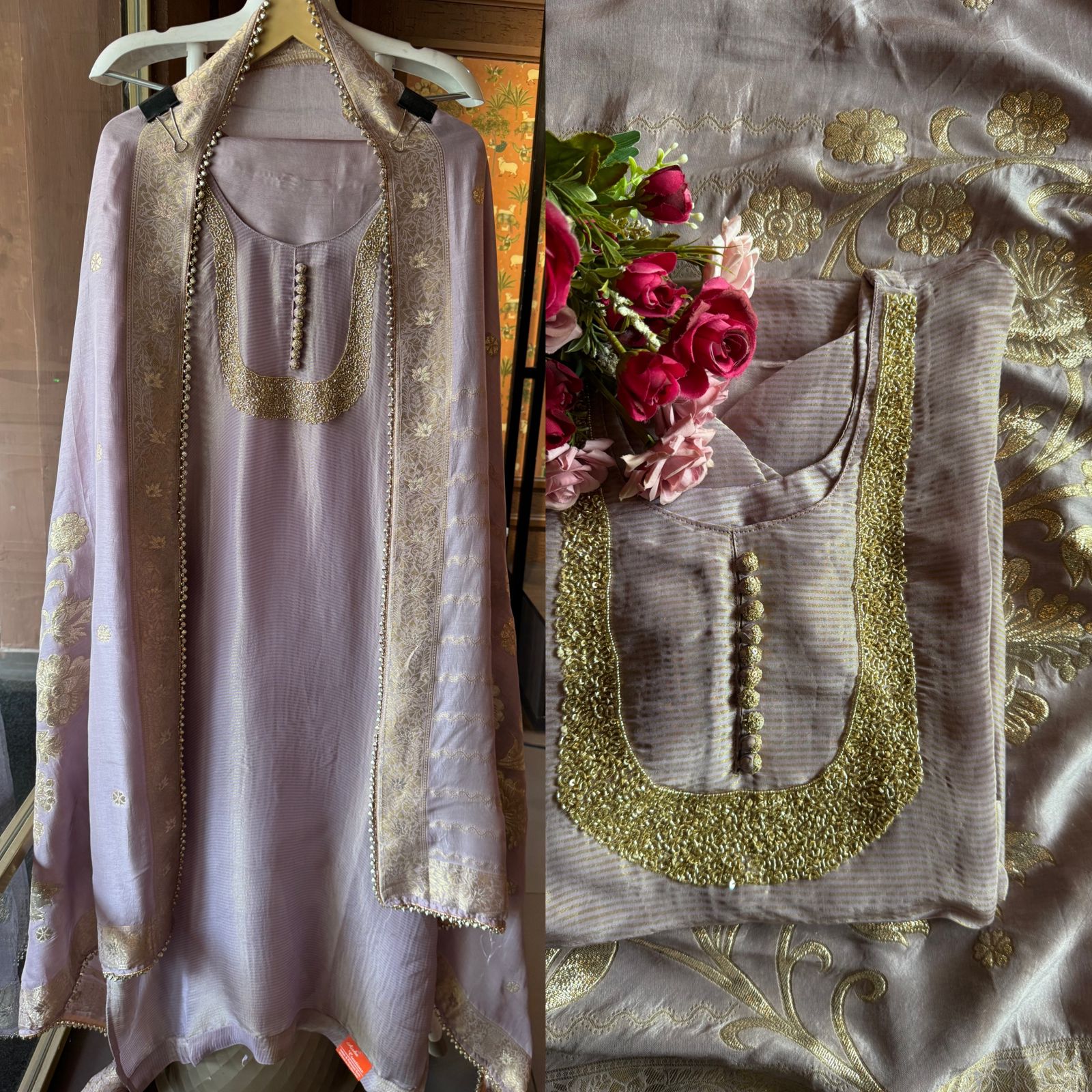 Self Tissue Kurta with Gold lurex Semi stitched shirt