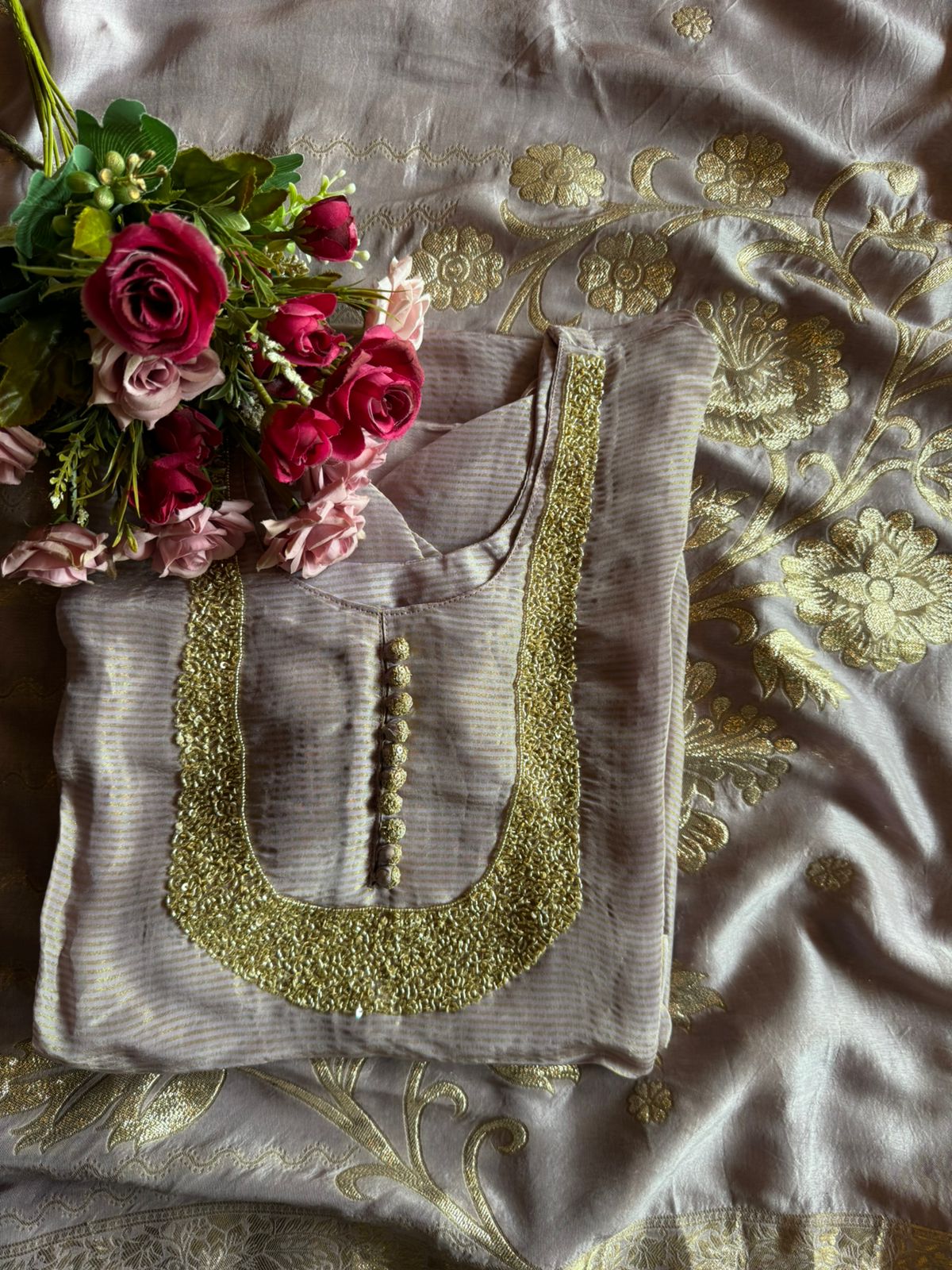 Self Tissue Kurta with Gold lurex Semi stitched shirt