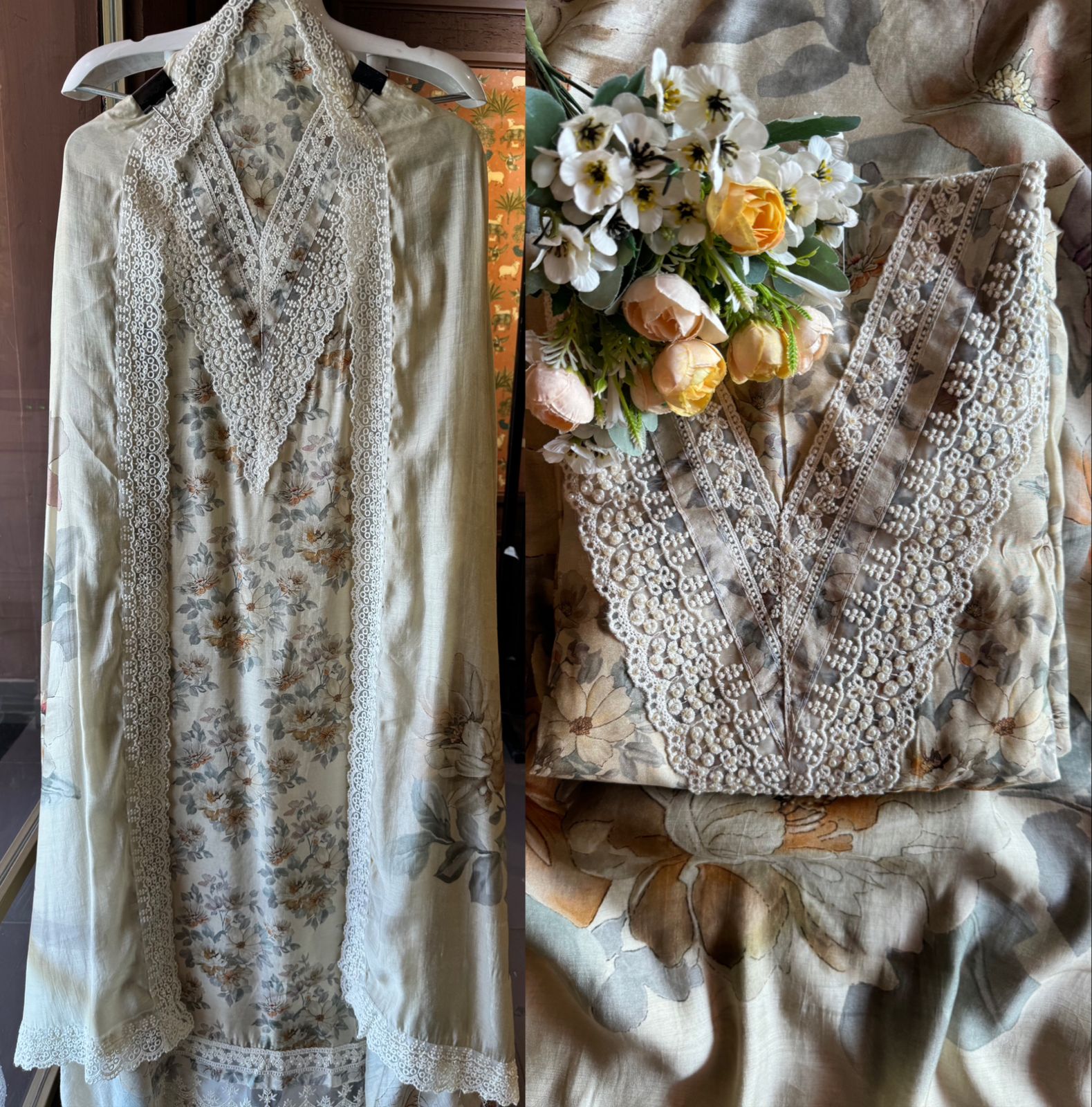 Pure muslin suits with Florak digital printing done on the shirt front and back