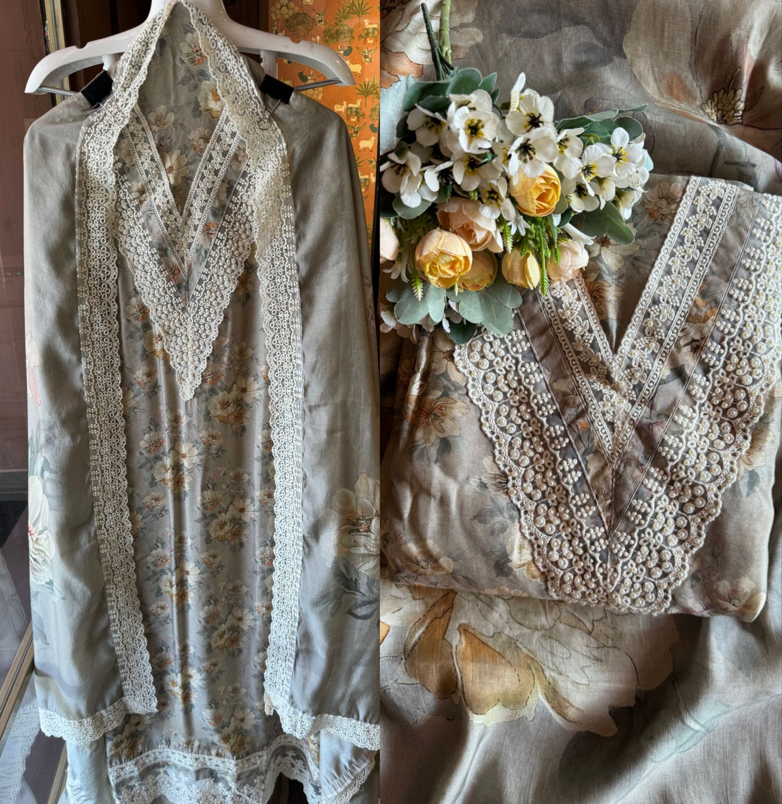 Pure muslin suits with Florak digital printing done on the shirt front and back