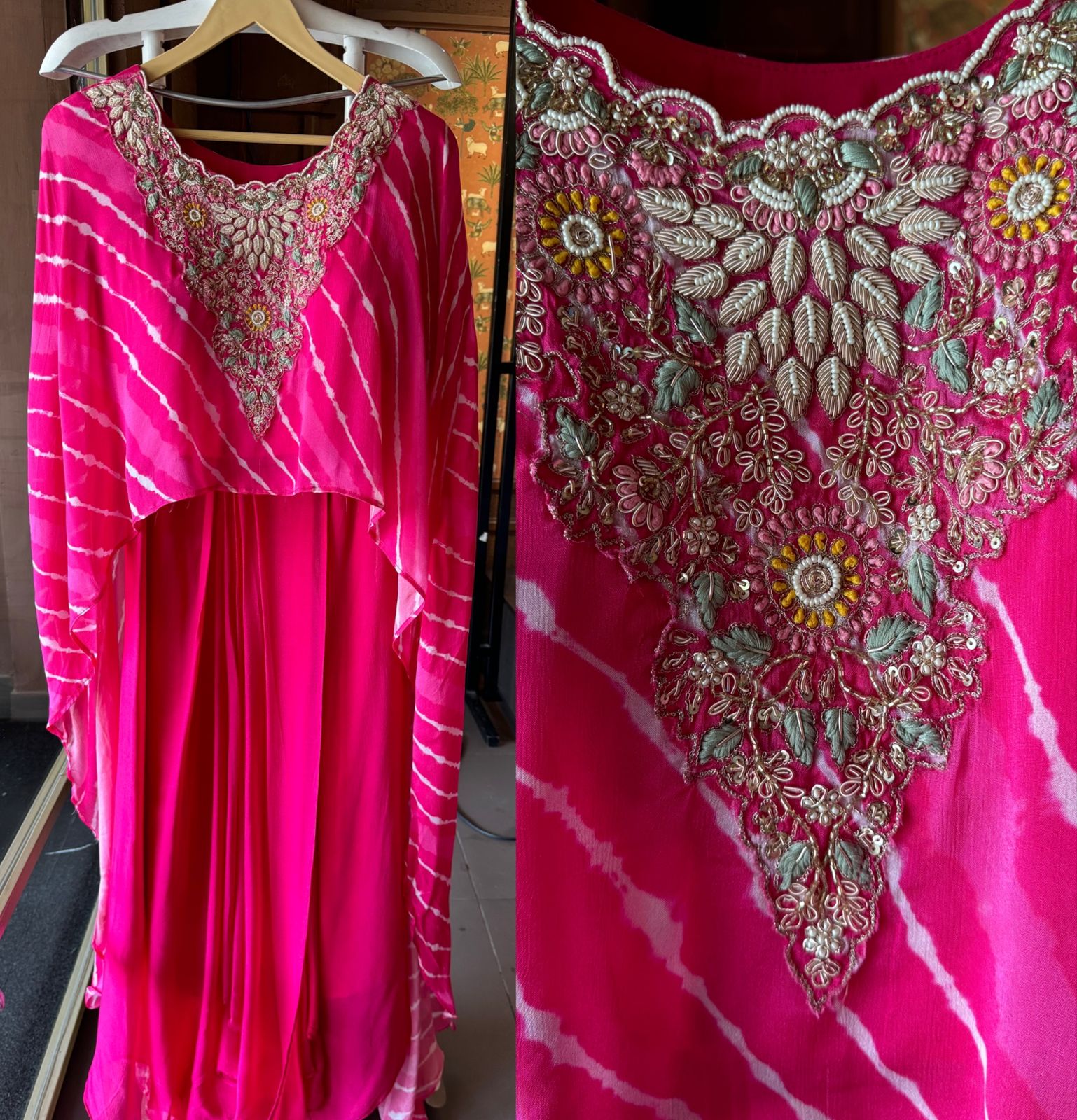 Stitched Set with Lehriya printed Cape with dabka work on it