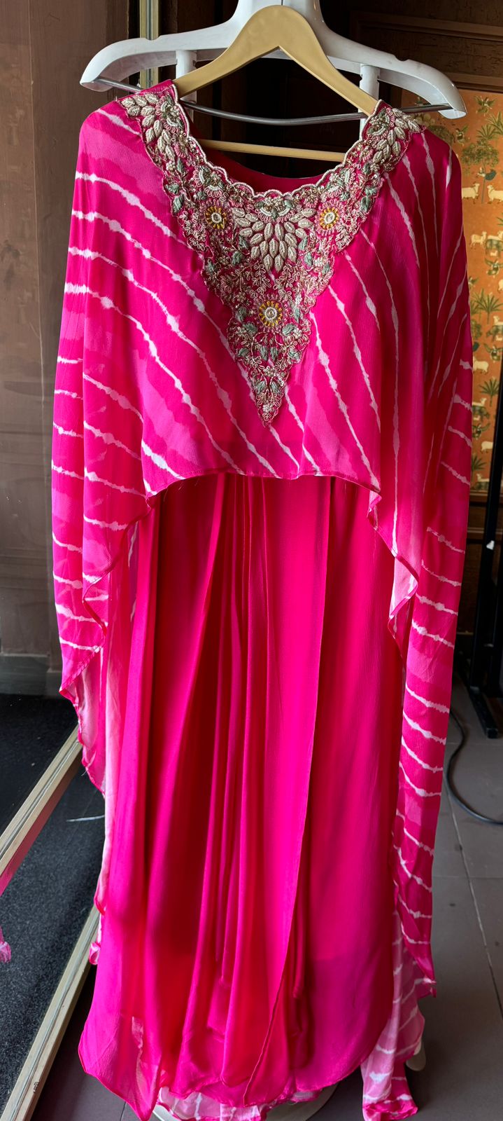 Stitched Set with Lehriya printed Cape with dabka work on it