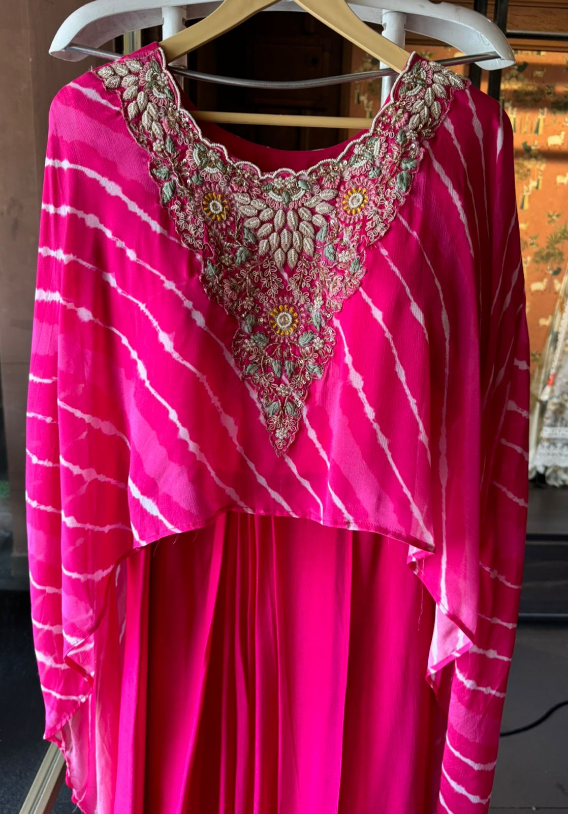 Stitched Set with Lehriya printed Cape with dabka work on it