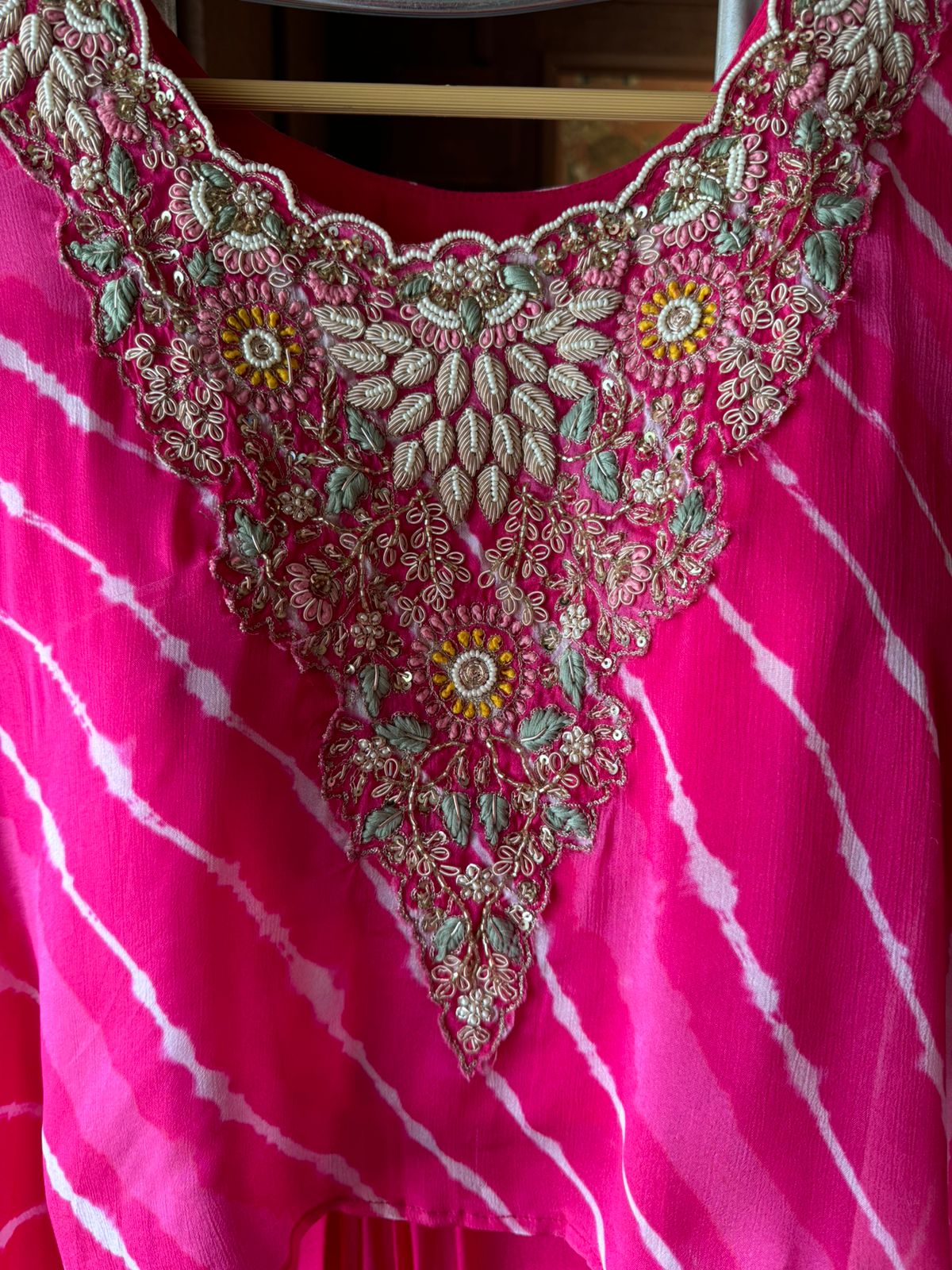 Stitched Set with Lehriya printed Cape with dabka work on it