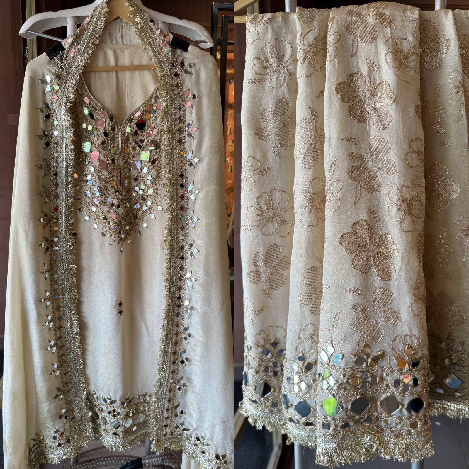 Sharara set on pure tissue with Beautiful mirror embellished neckline