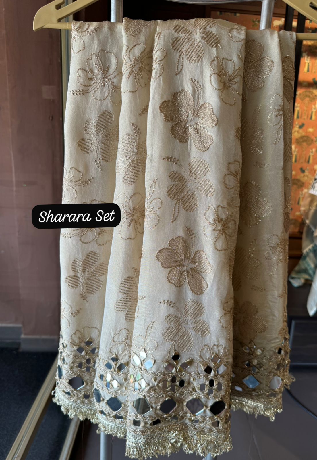 Sharara set on pure tissue with Beautiful mirror embellished neckline