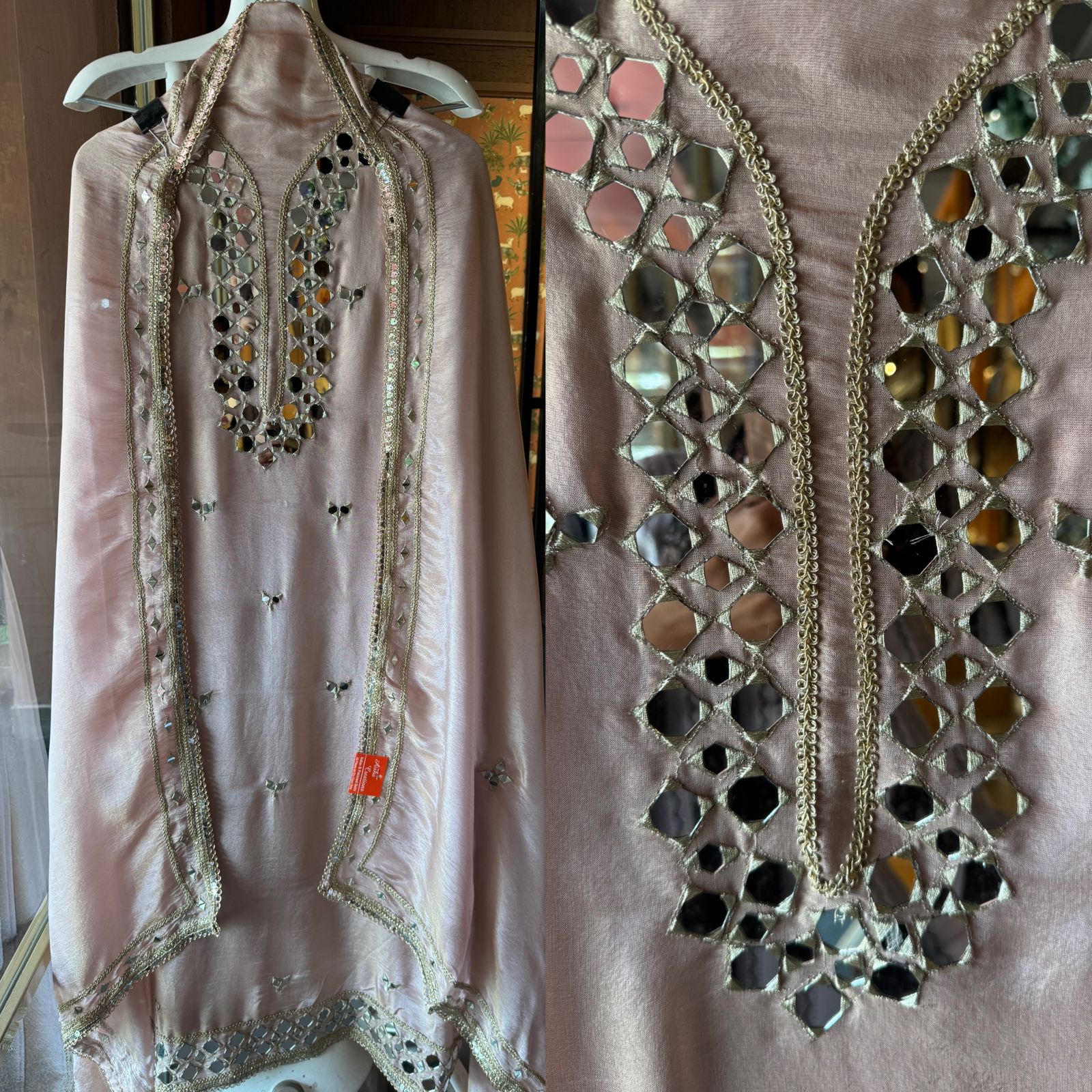 Tissue unstitched Suits with beautiful original mirror work , Properly stitched with Zari.