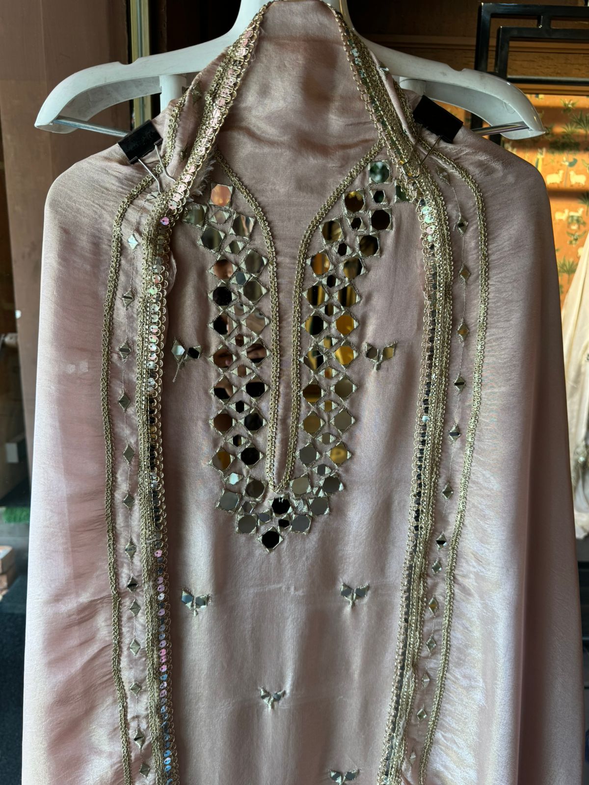 Tissue unstitched Suits with beautiful original mirror work , Properly stitched with Zari.