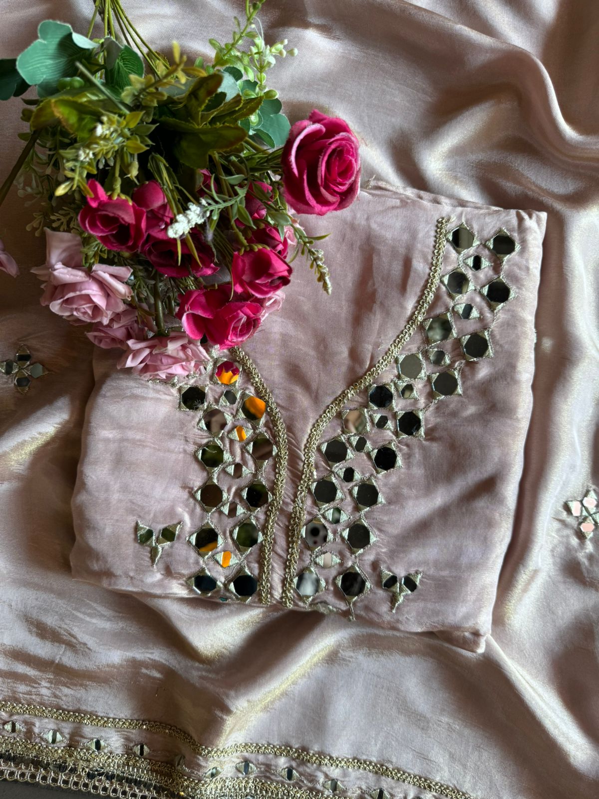 Tissue unstitched Suits with beautiful original mirror work , Properly stitched with Zari.