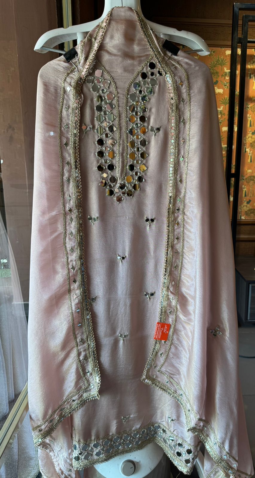 Tissue unstitched Suits with beautiful original mirror work , Properly stitched with Zari.