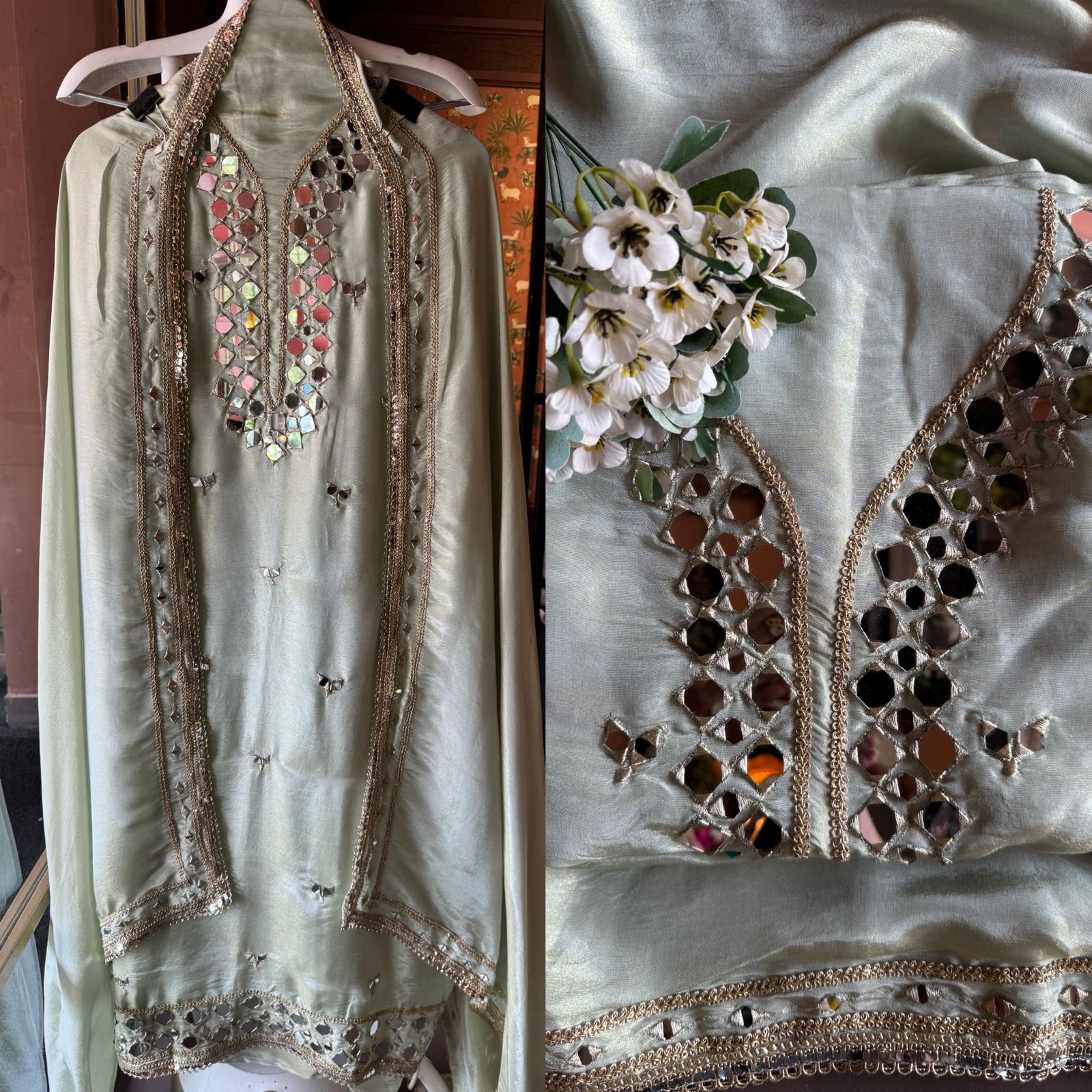 Tissue unstitched Suits with beautiful original mirror work , Properly stitched with Zari