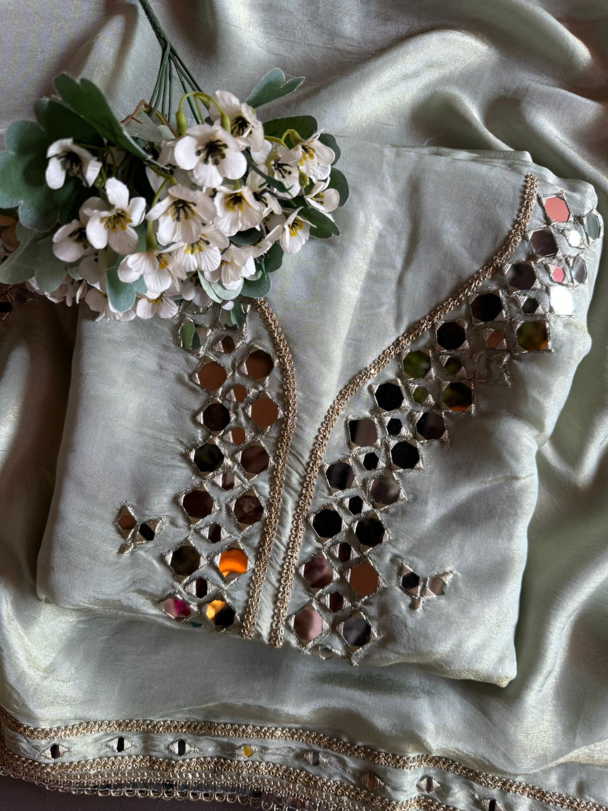 Tissue unstitched Suits with beautiful original mirror work , Properly stitched with Zari