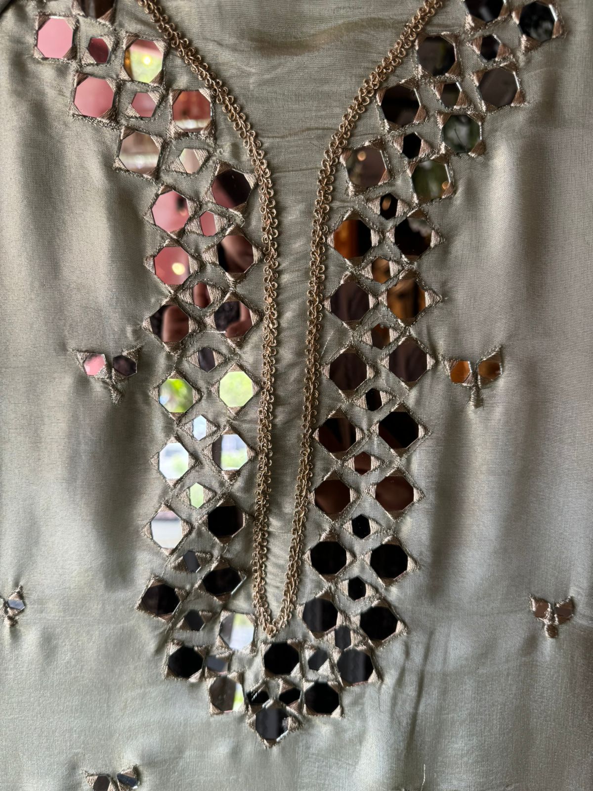 Tissue unstitched Suits with beautiful original mirror work , Properly stitched with Zari