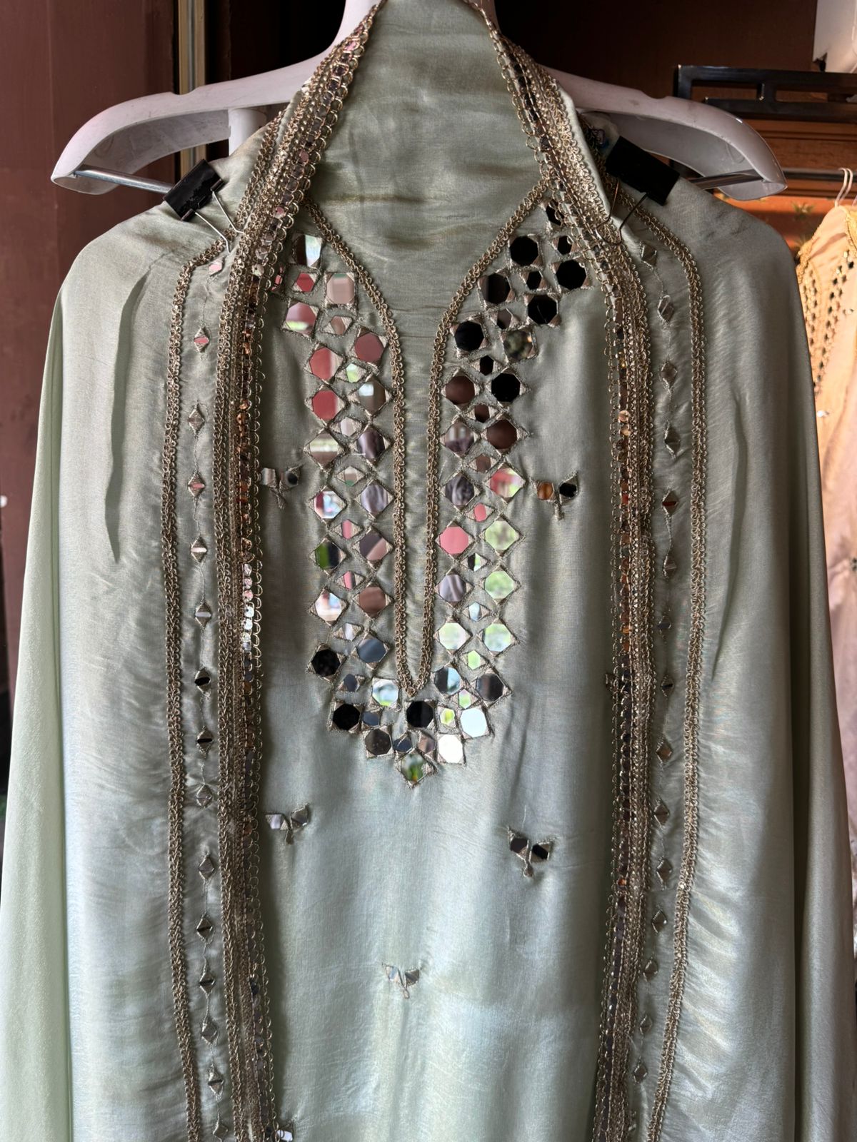 Tissue unstitched Suits with beautiful original mirror work , Properly stitched with Zari