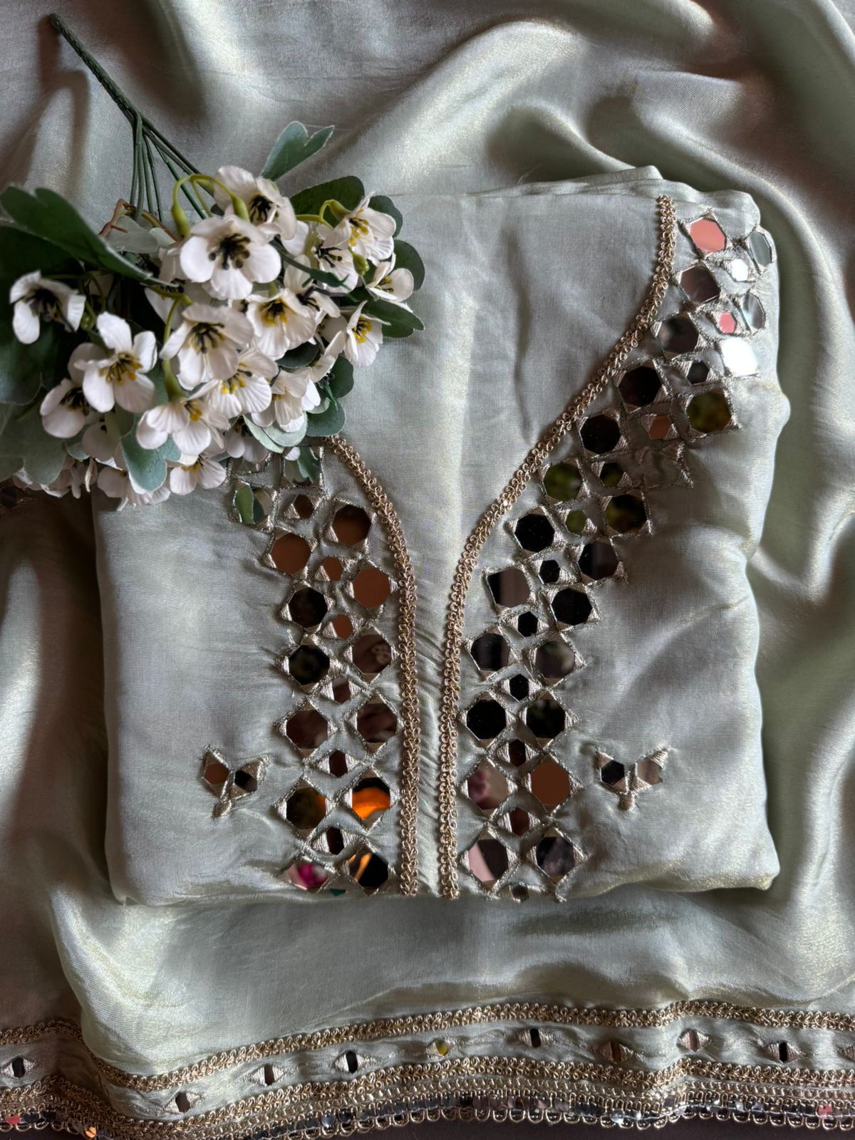 Tissue unstitched Suits with beautiful original mirror work , Properly stitched with Zari