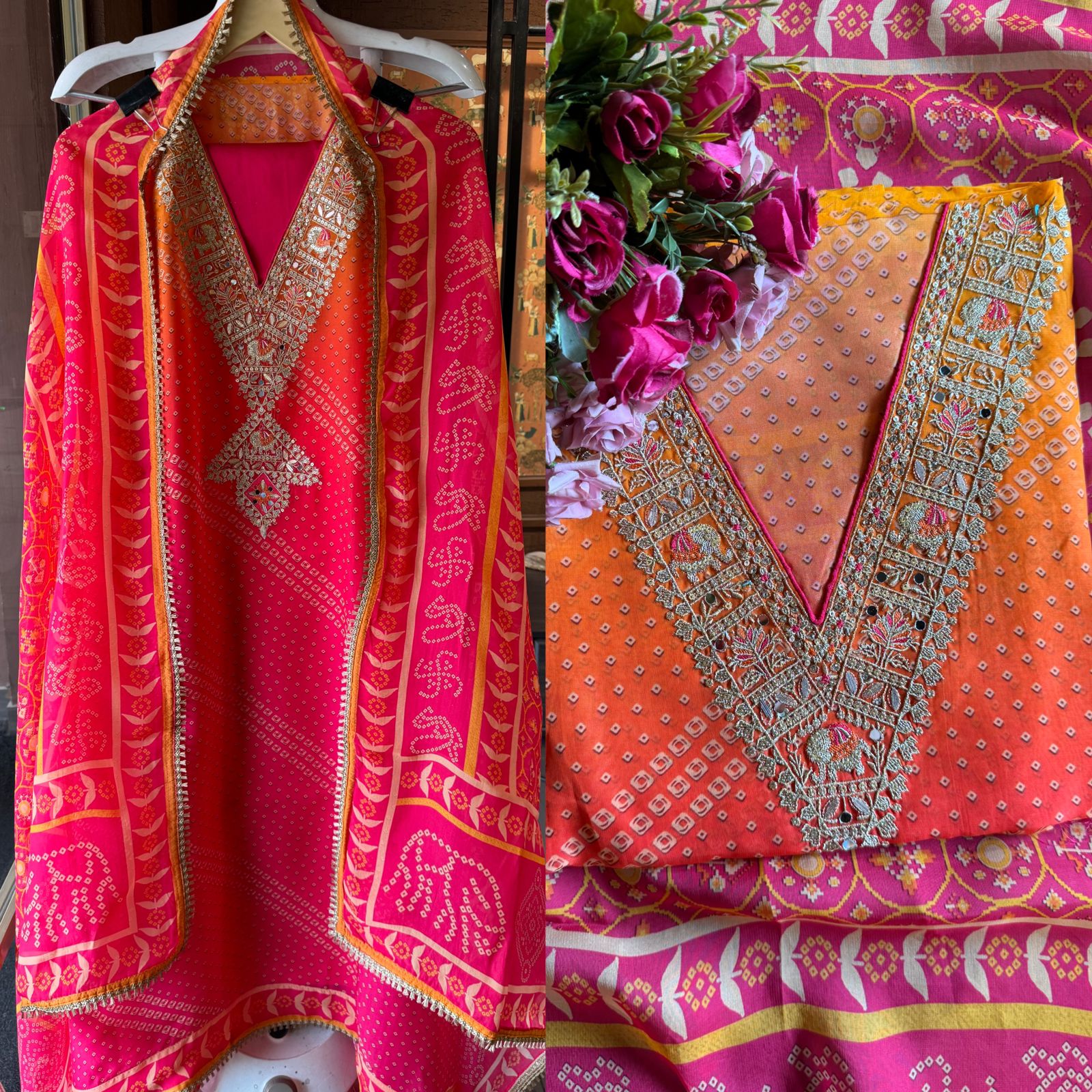 Soft organza bandhani digital printed Kurta front and back