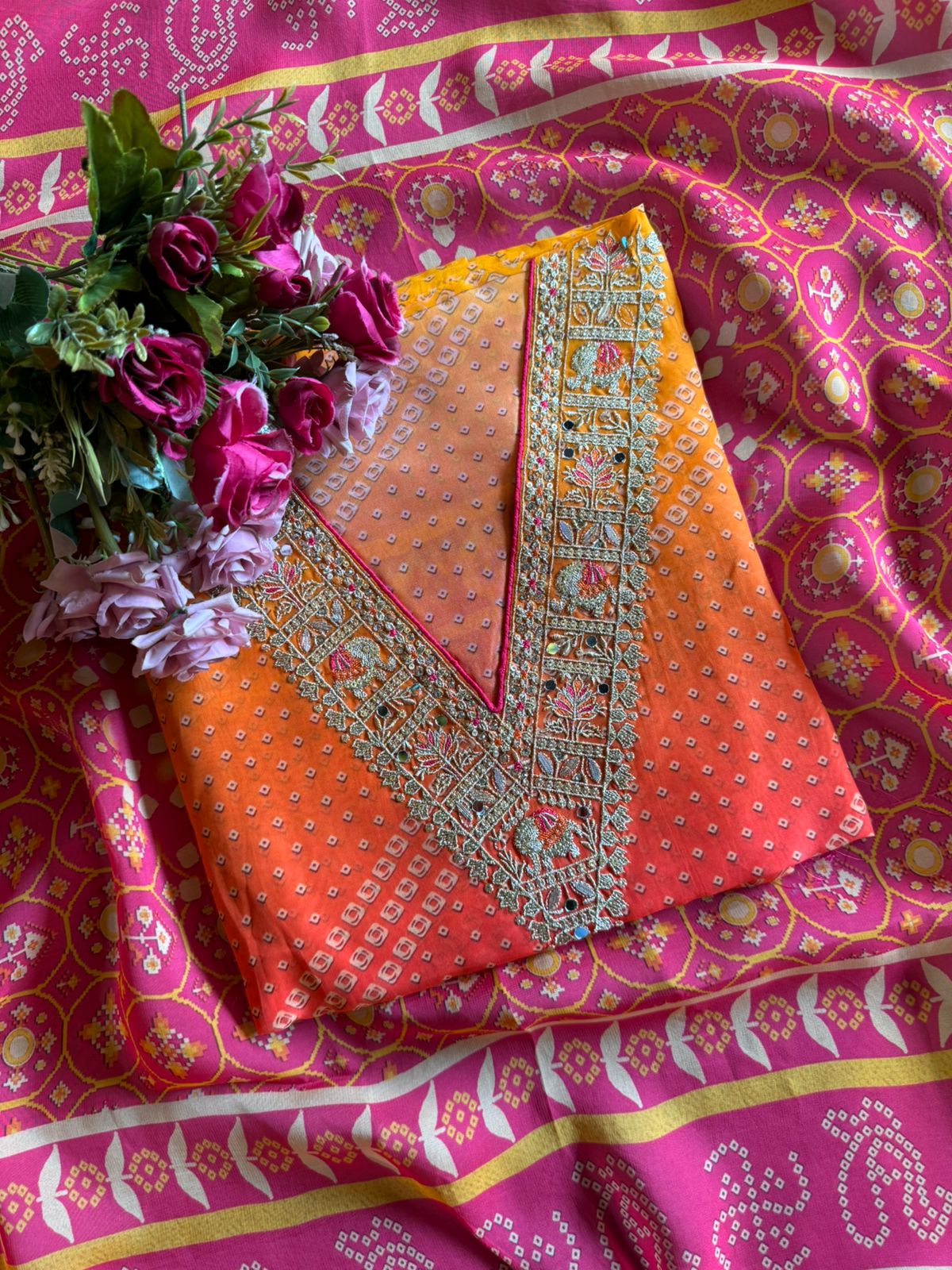 Soft organza bandhani digital printed Kurta front and back