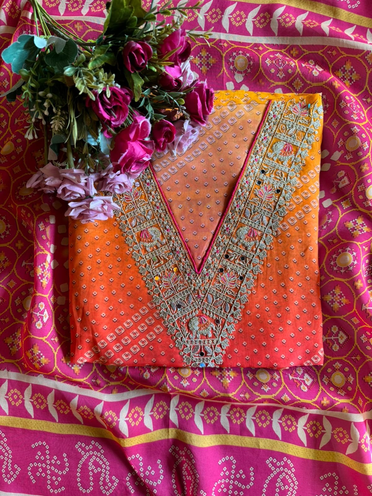 Soft organza bandhani digital printed Kurta front and back