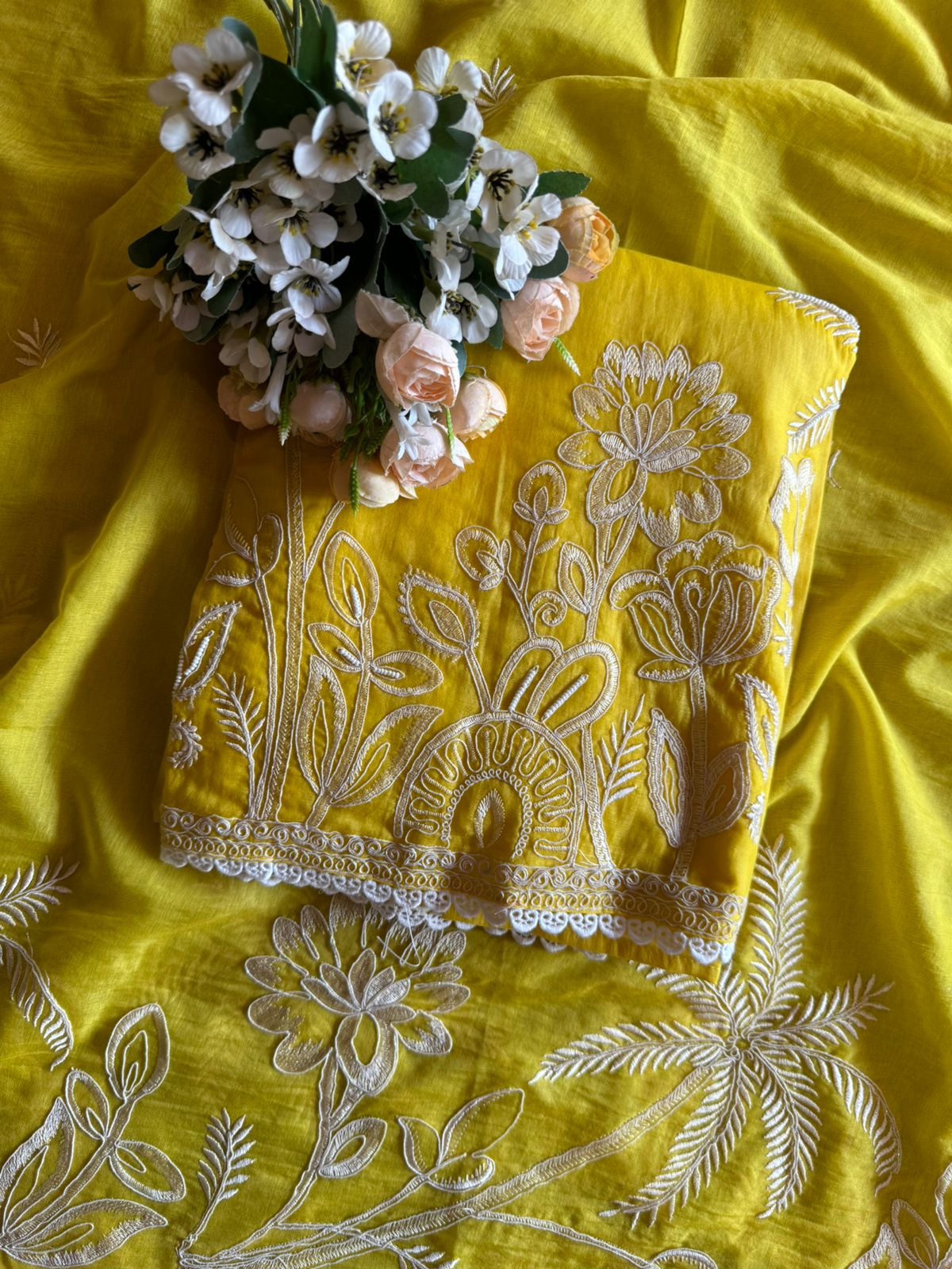 Pure Mul chanderi Unstitched suit design With embroidered Neck Patti